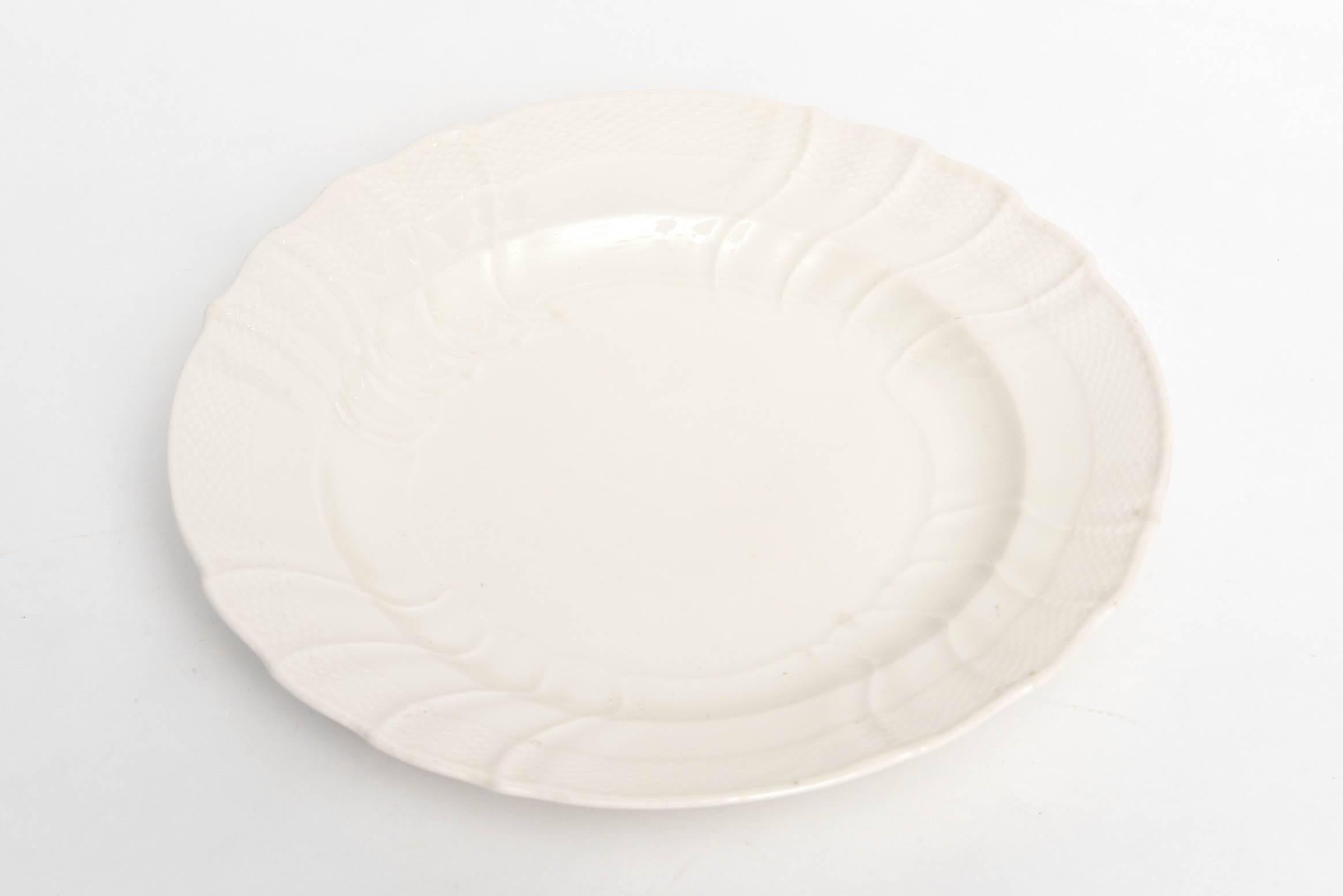 Hand-Crafted 12 Dinner Plates, Antique Berlin, All White Blanc De Chine, Basket Weave Edge