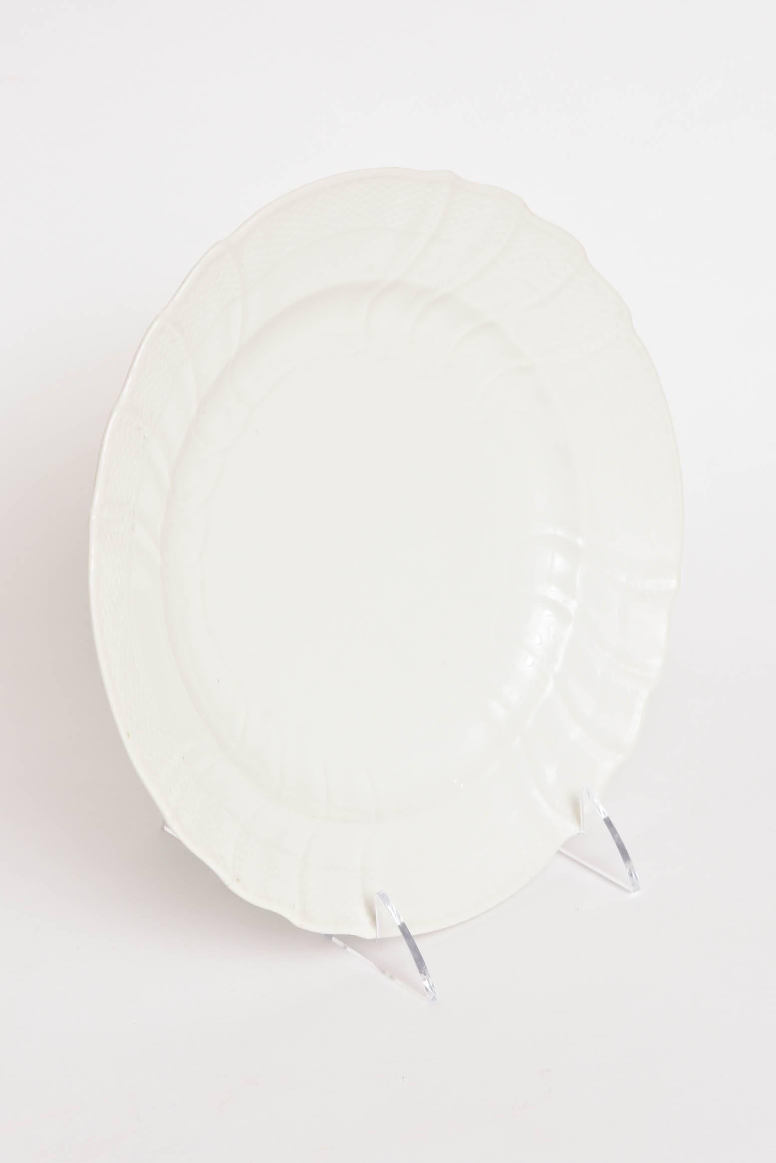 12 Dinner Plates, Antique Berlin, All White Blanc De Chine, Basket Weave Edge 2