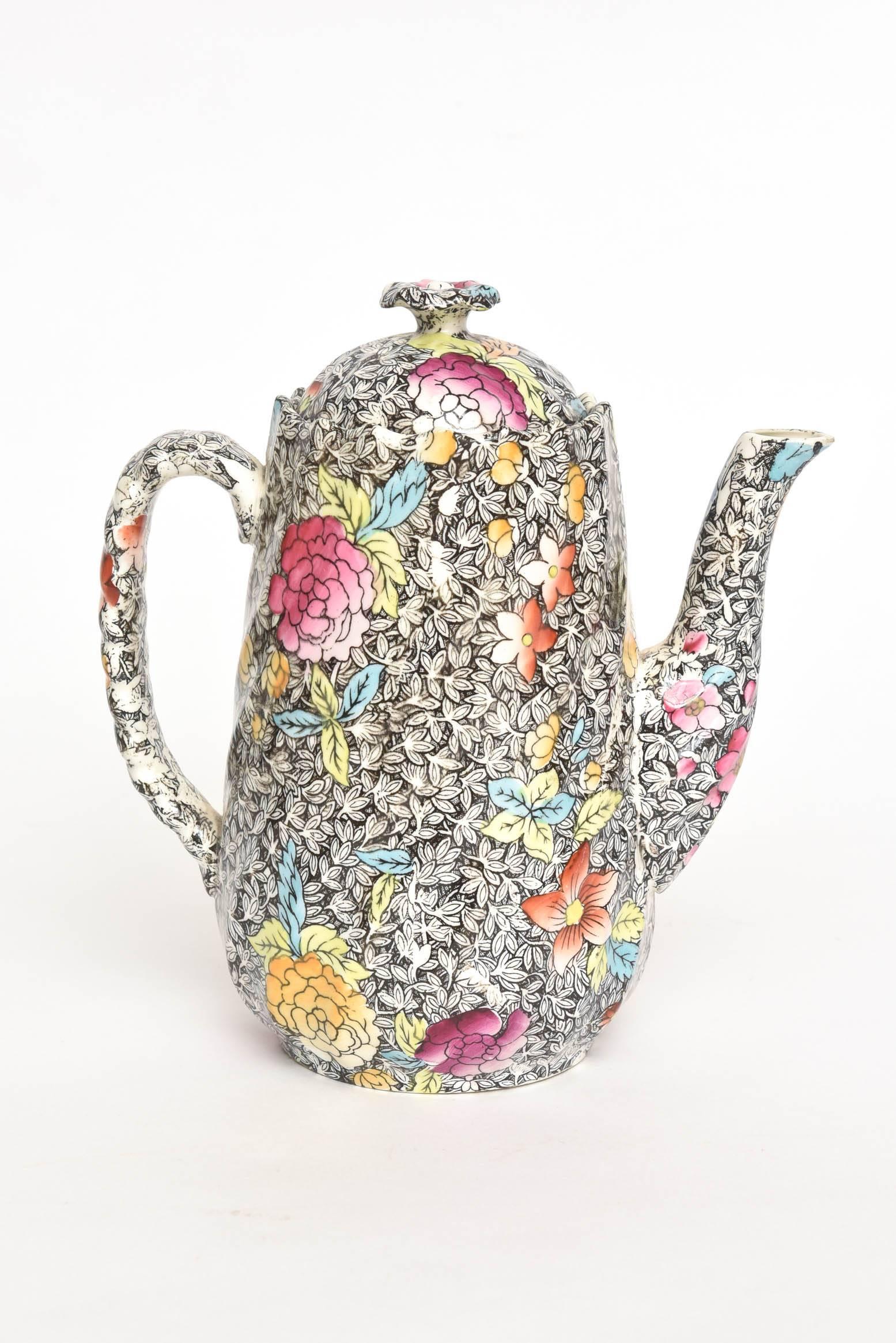 Hand-Crafted Charming Chintz Coffee Pot, Antique English, Black Background