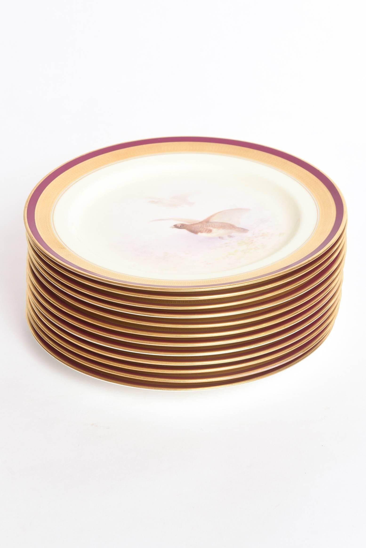 Hand-Crafted 12 Game Bird Plates, Hand-Painted & Artist Signed. Rare Ruby Red Border, Antique
