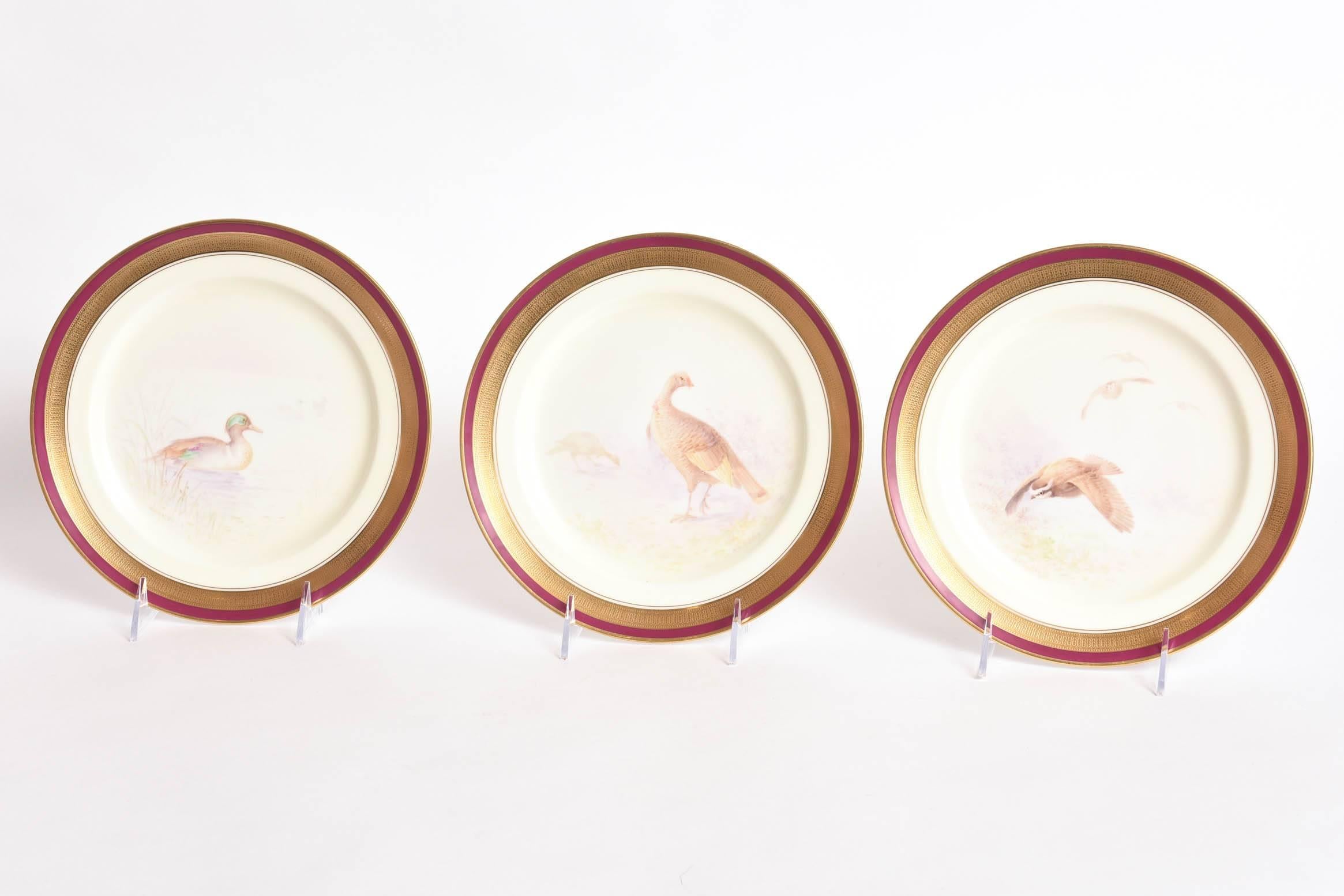 12 Game Bird Plates, Hand-Painted & Artist Signed. Rare Ruby Red Border, Antique 1