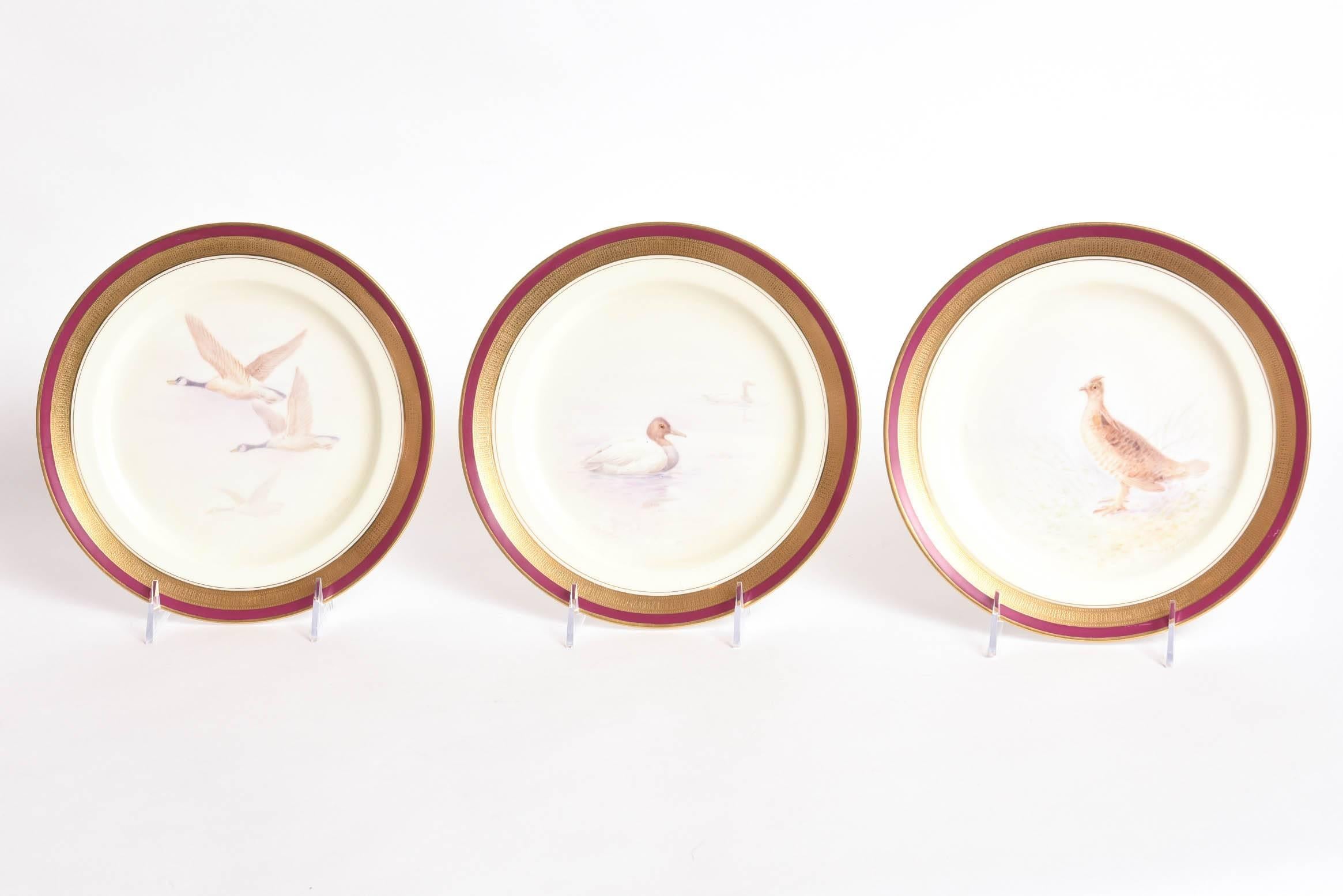 12 Game Bird Plates, Hand-Painted & Artist Signed. Rare Ruby Red Border, Antique 2