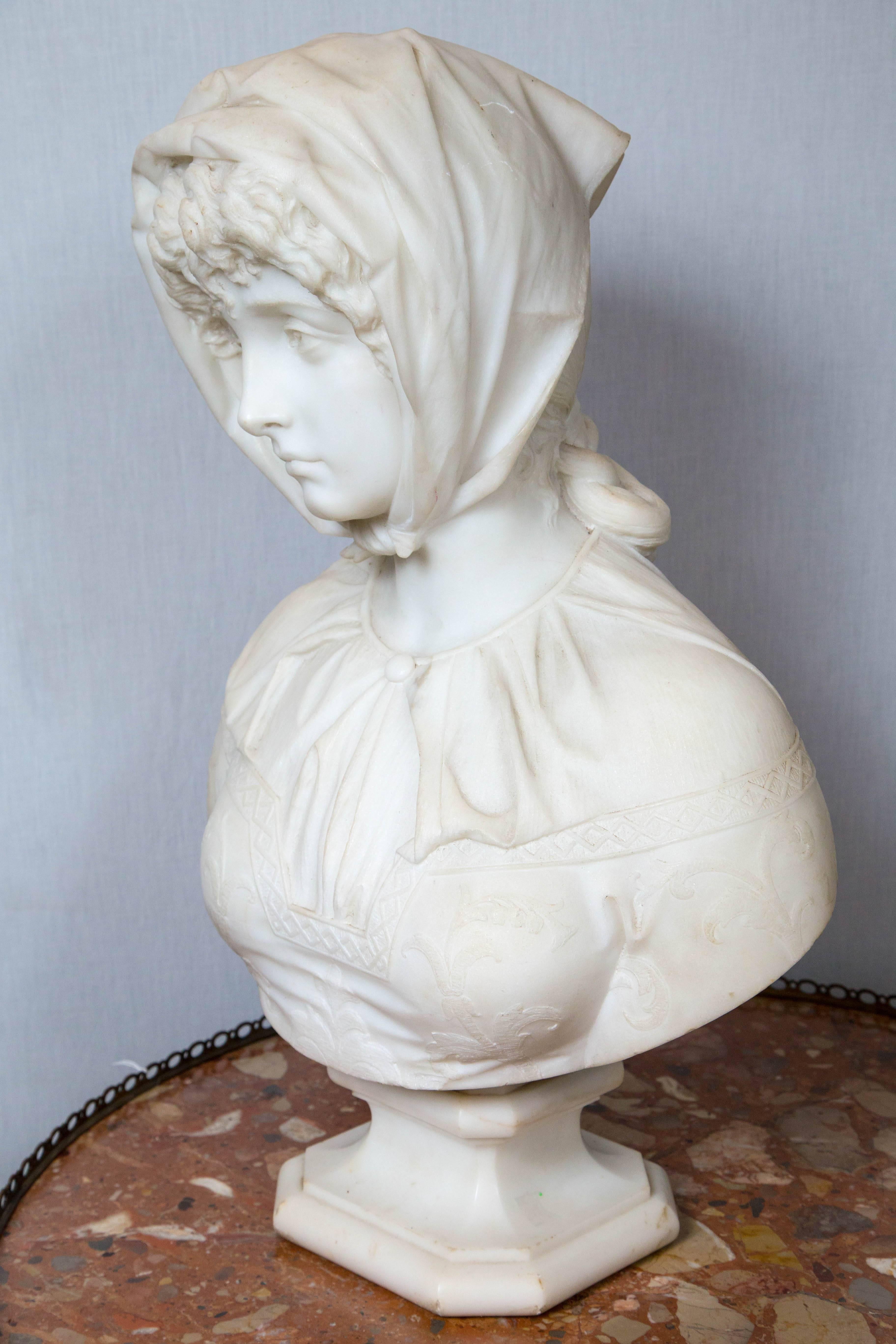 Marble Bust of a Young Woman Wearing a Scarf In Excellent Condition In Woodbury, CT