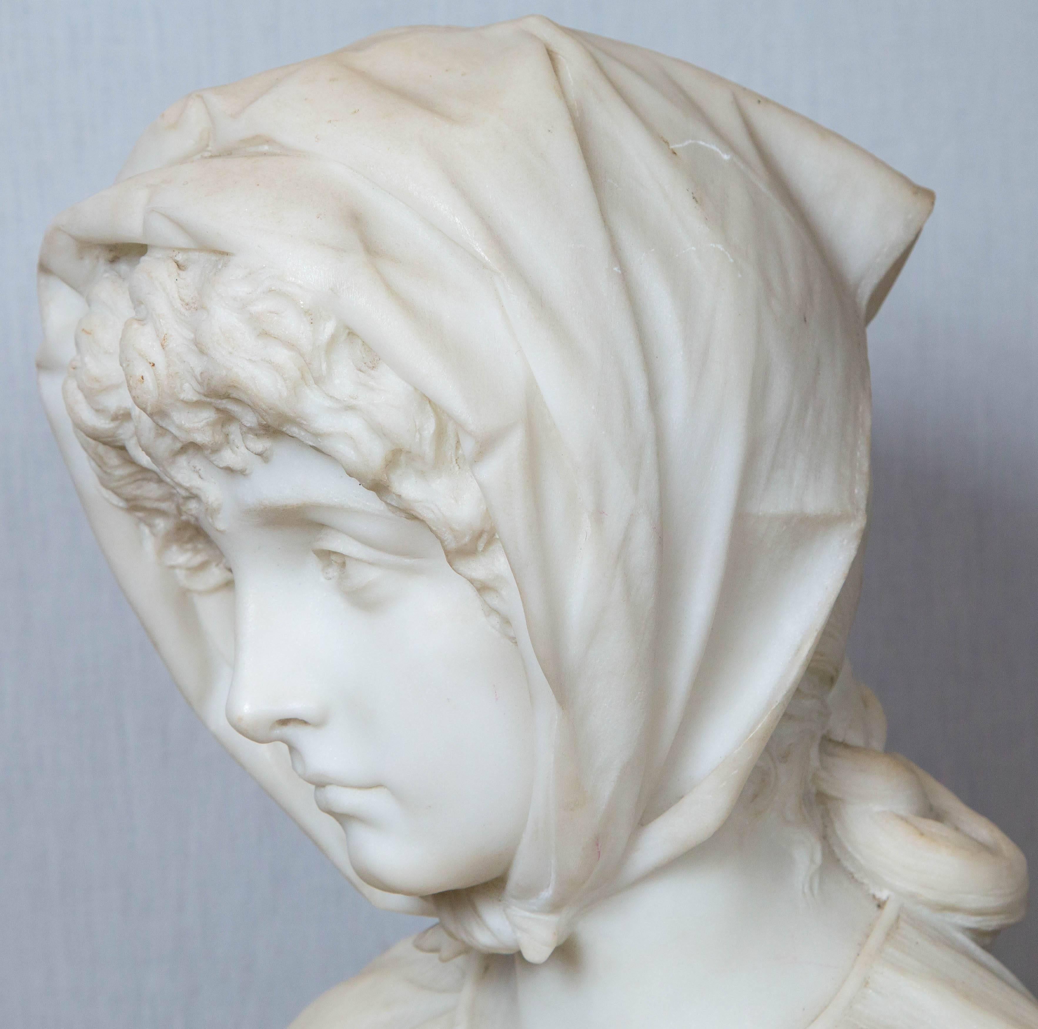 19th Century Marble Bust of a Young Woman Wearing a Scarf
