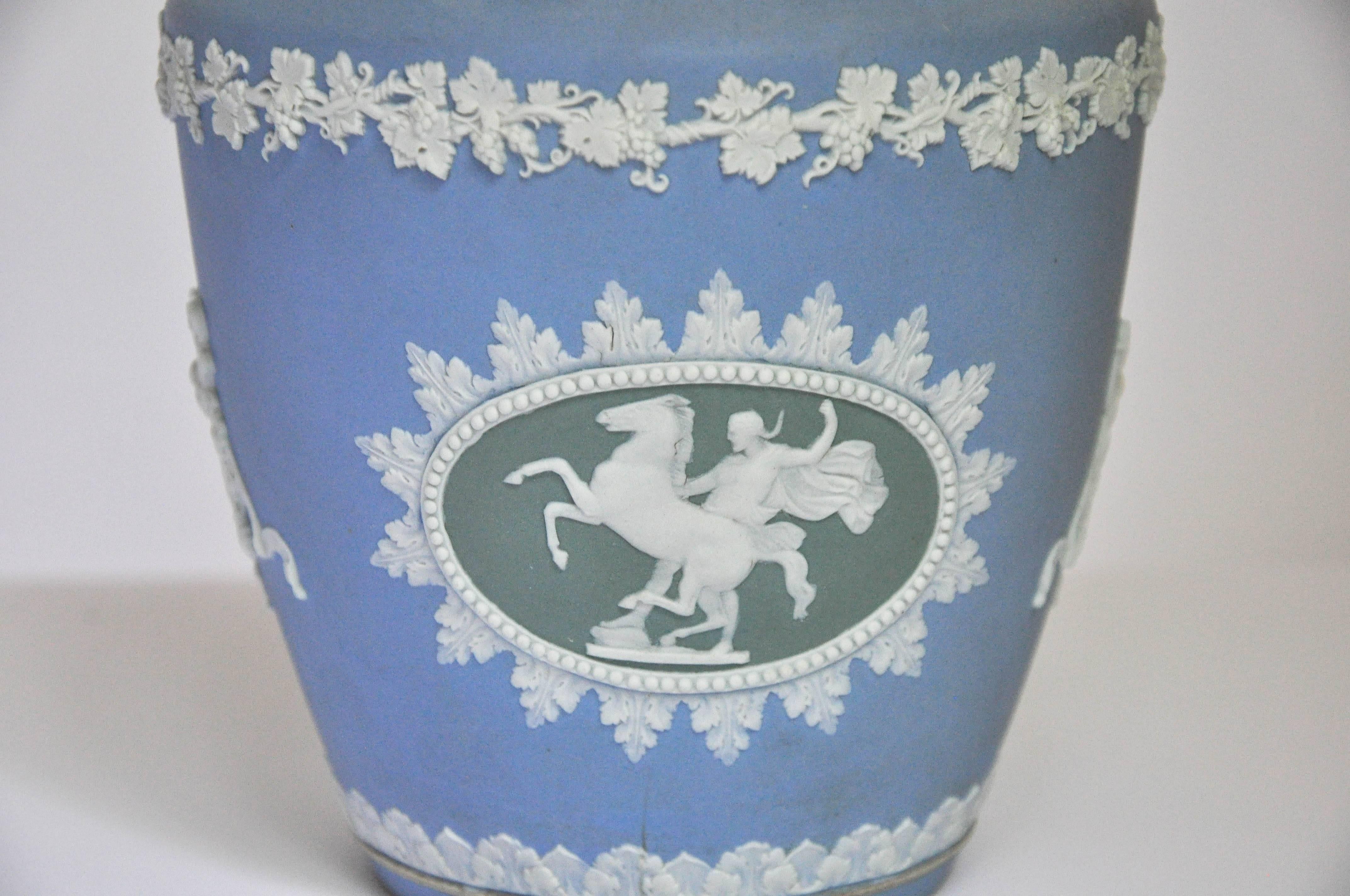 Rare, tri-colored Wedgewood biscuit jar. Blue and white Jasperware accented in green, impressed on bottom 