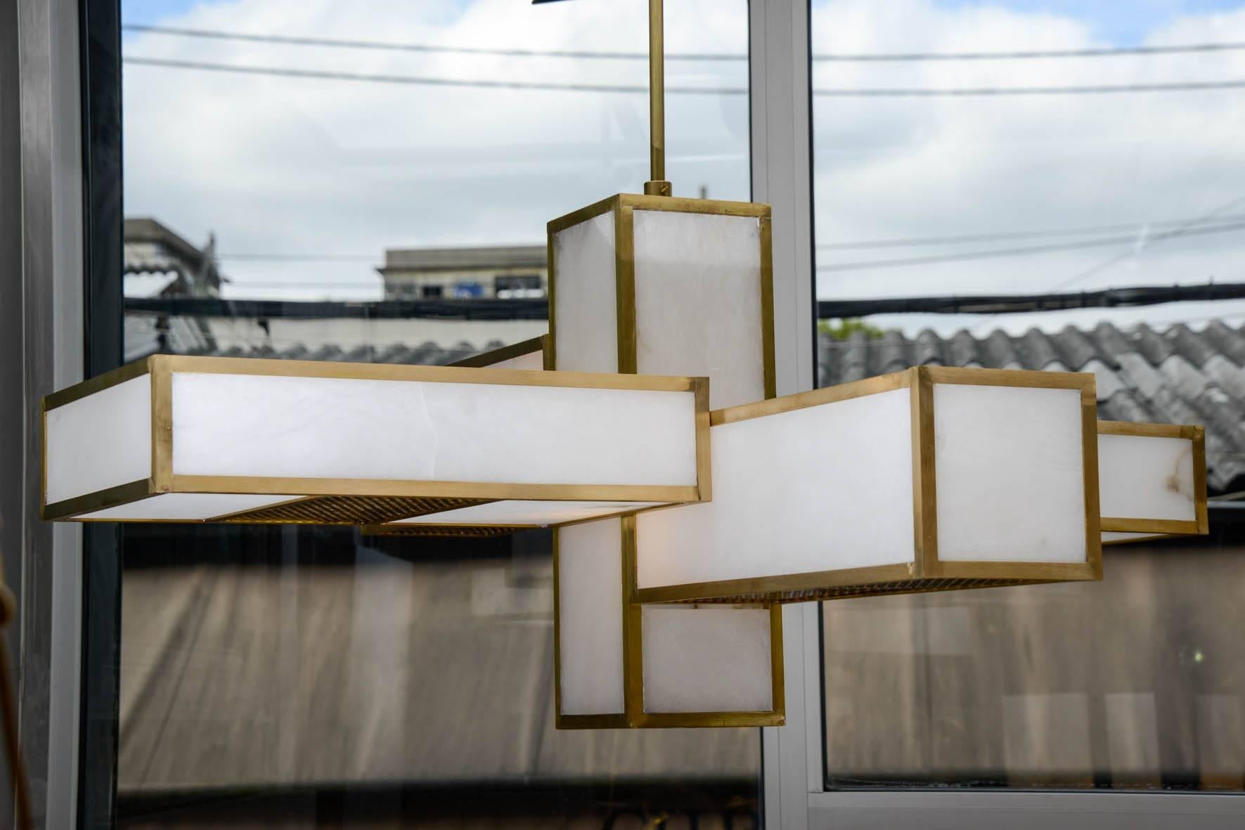Italian Glustin Luminaires Creation Geometrical Brass and Alabaster Chandeliers For Sale