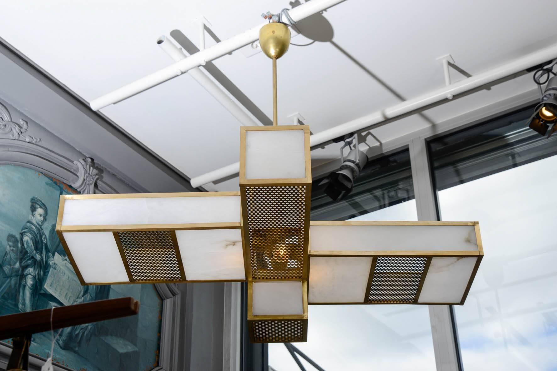 Contemporary Glustin Luminaires Creation Geometrical Brass and Alabaster Chandeliers For Sale