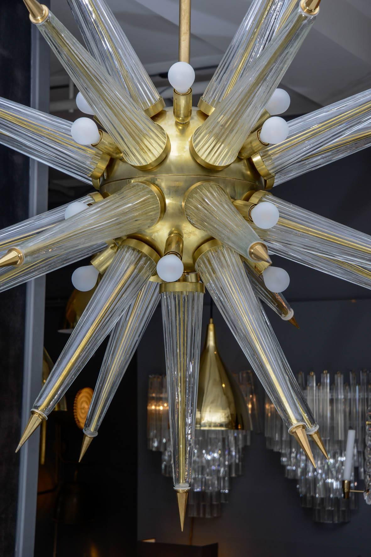 Mid-Century Modern Brass Sputnik Chandelier with Murano Glass Spikes