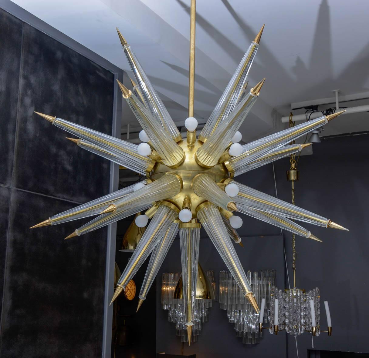Italian Brass Sputnik Chandelier with Murano Glass Spikes