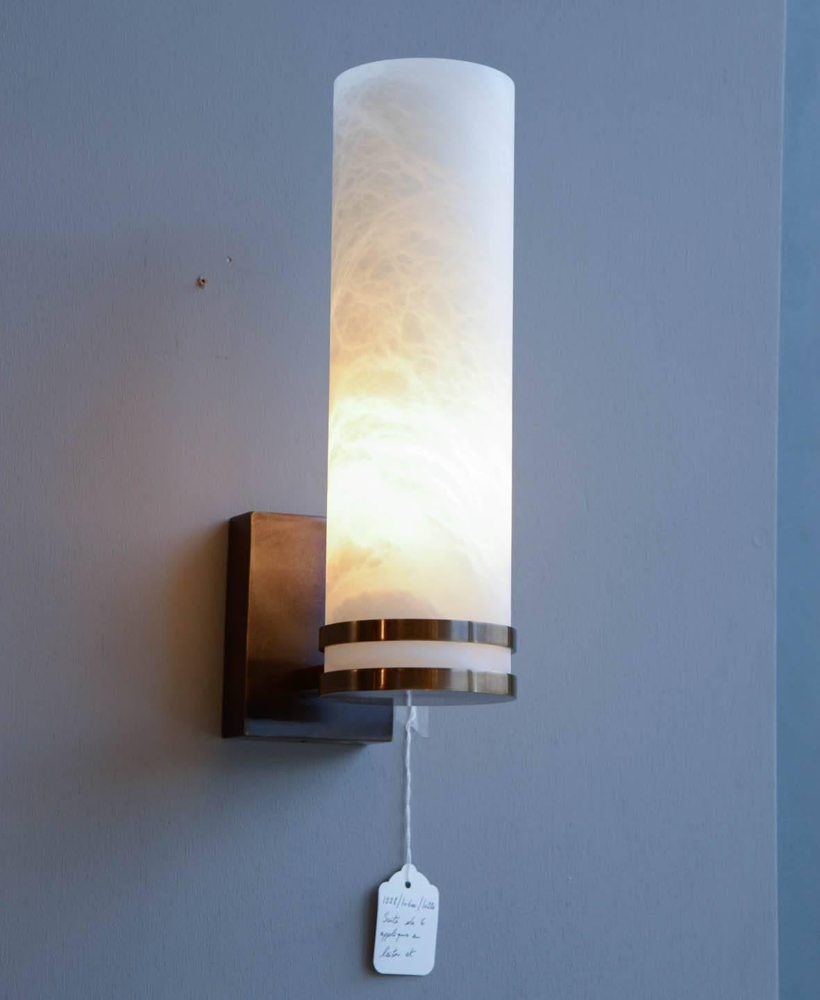Contemporary Glustin Luminaires Creation Brass and Alabaster Wall Sconces For Sale