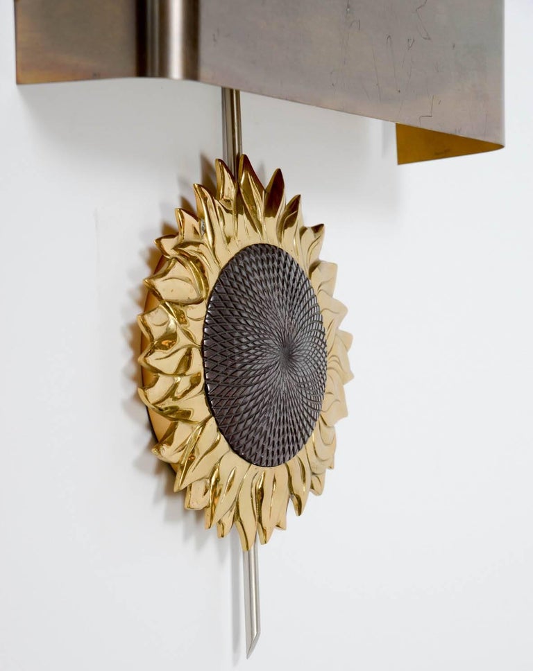 French Sun Flower Bronze Wall Sconce by Maison Charles For Sale