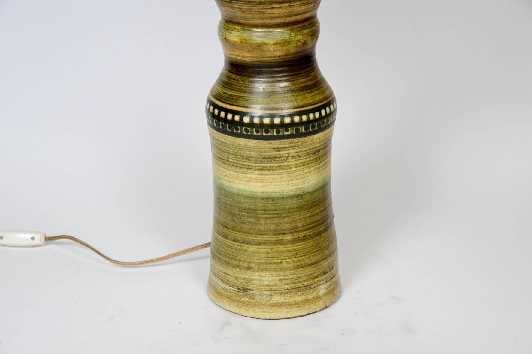 Tall lamp made of Vallauris ceramic in different shape of greens and browns.