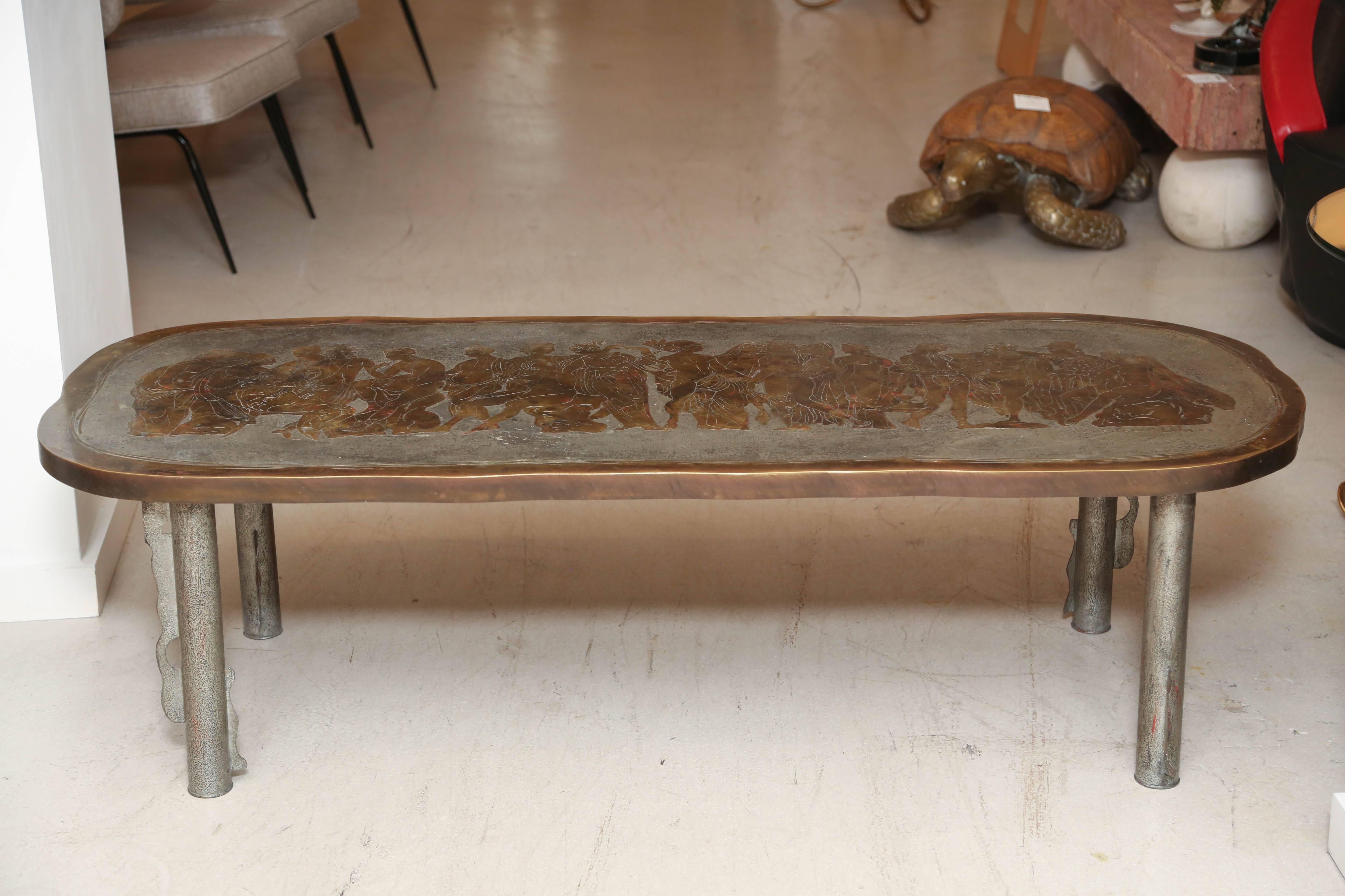 Signed oval bronze coffee table by Philip and Kelvin LaVerne. The table is entitled 'Romanesque