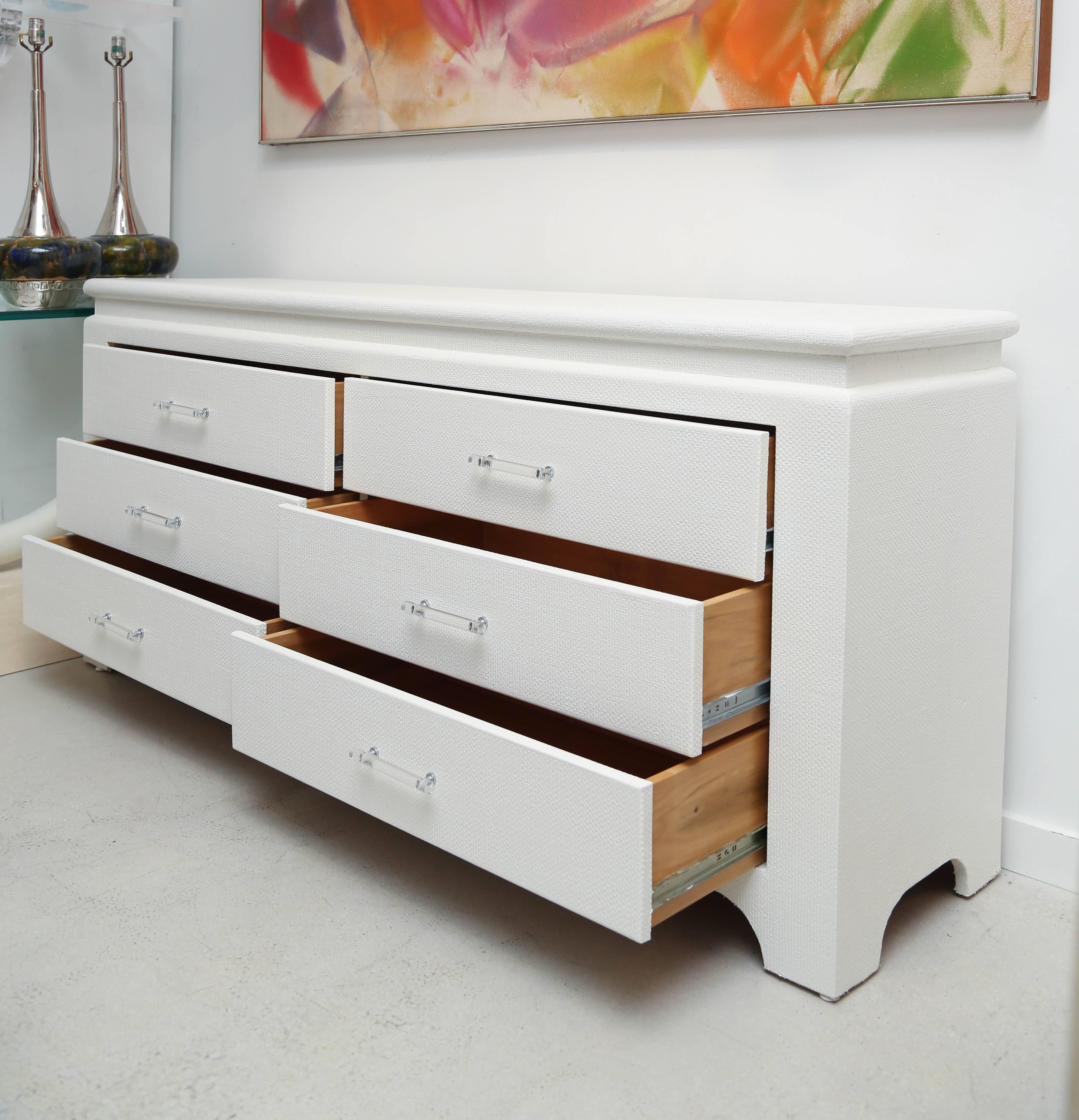 Mid-20th Century Mid-Century Modern White Grass Cloth Credenza