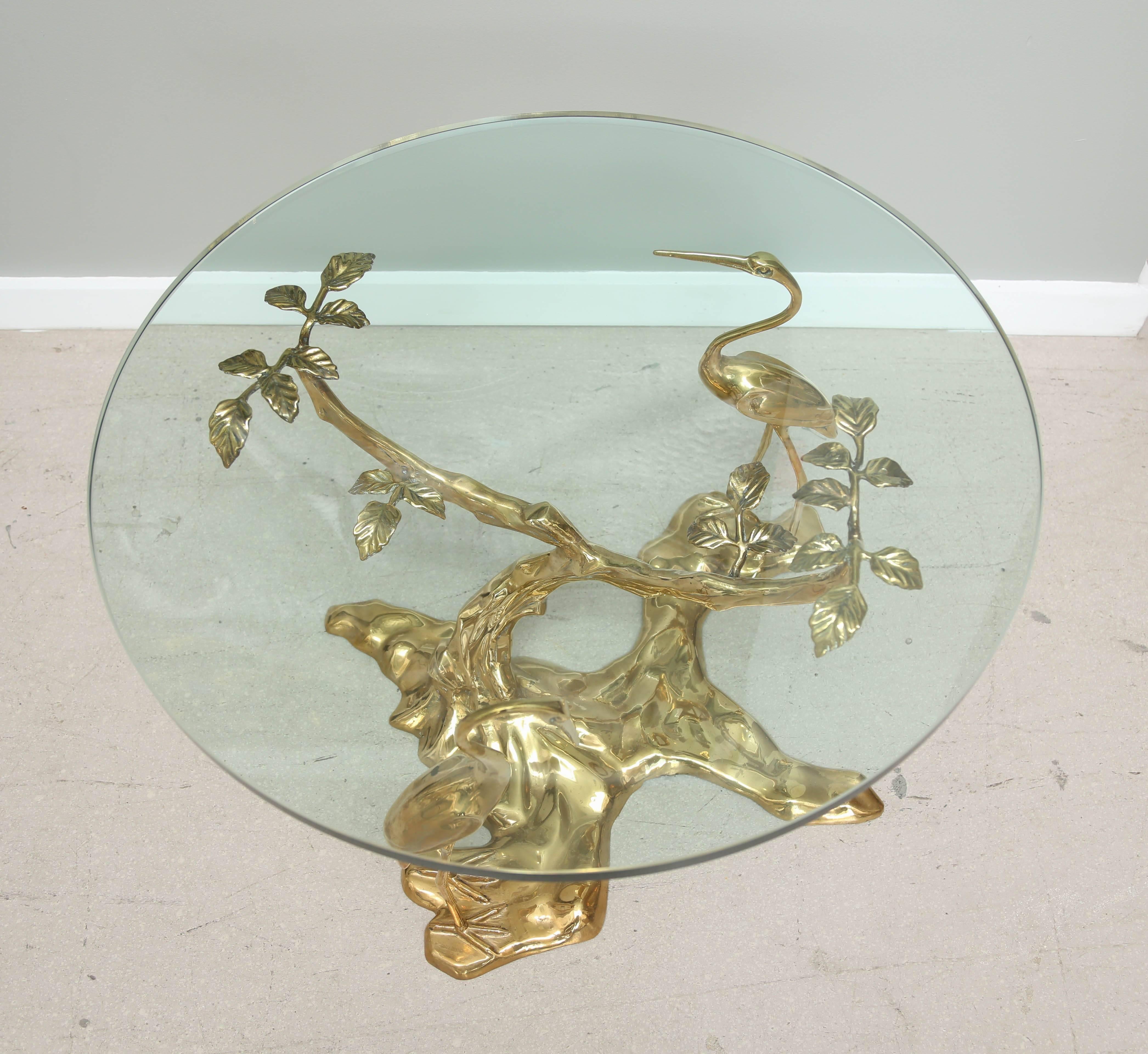 Hollywood Regency Vintage Polished Bronze Sculptural Side Table with Birds For Sale
