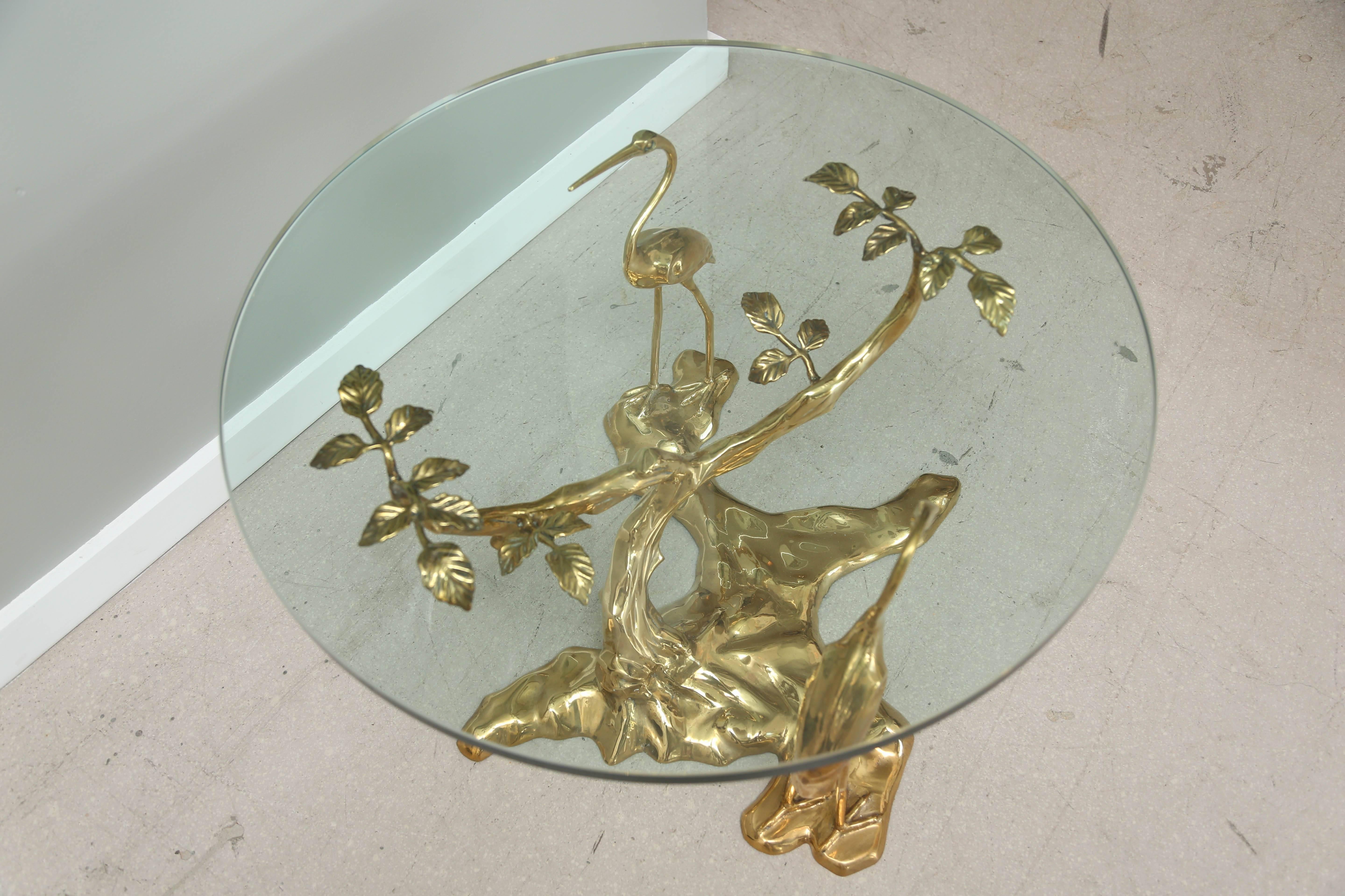 Vintage Polished Bronze Sculptural Side Table with Birds For Sale 1