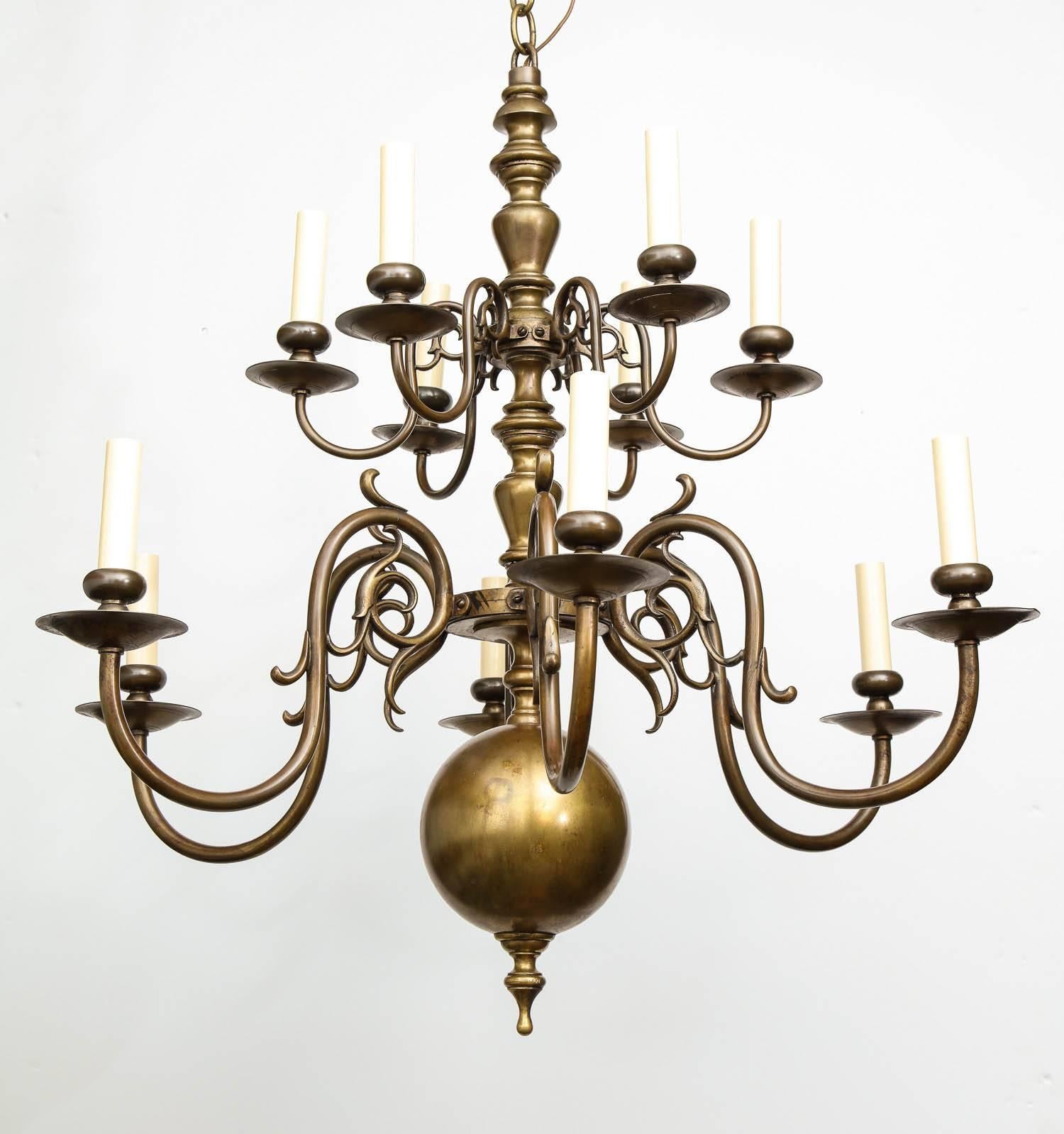 Brass Twelve-Light Chandelier In Excellent Condition In Greenwich, CT