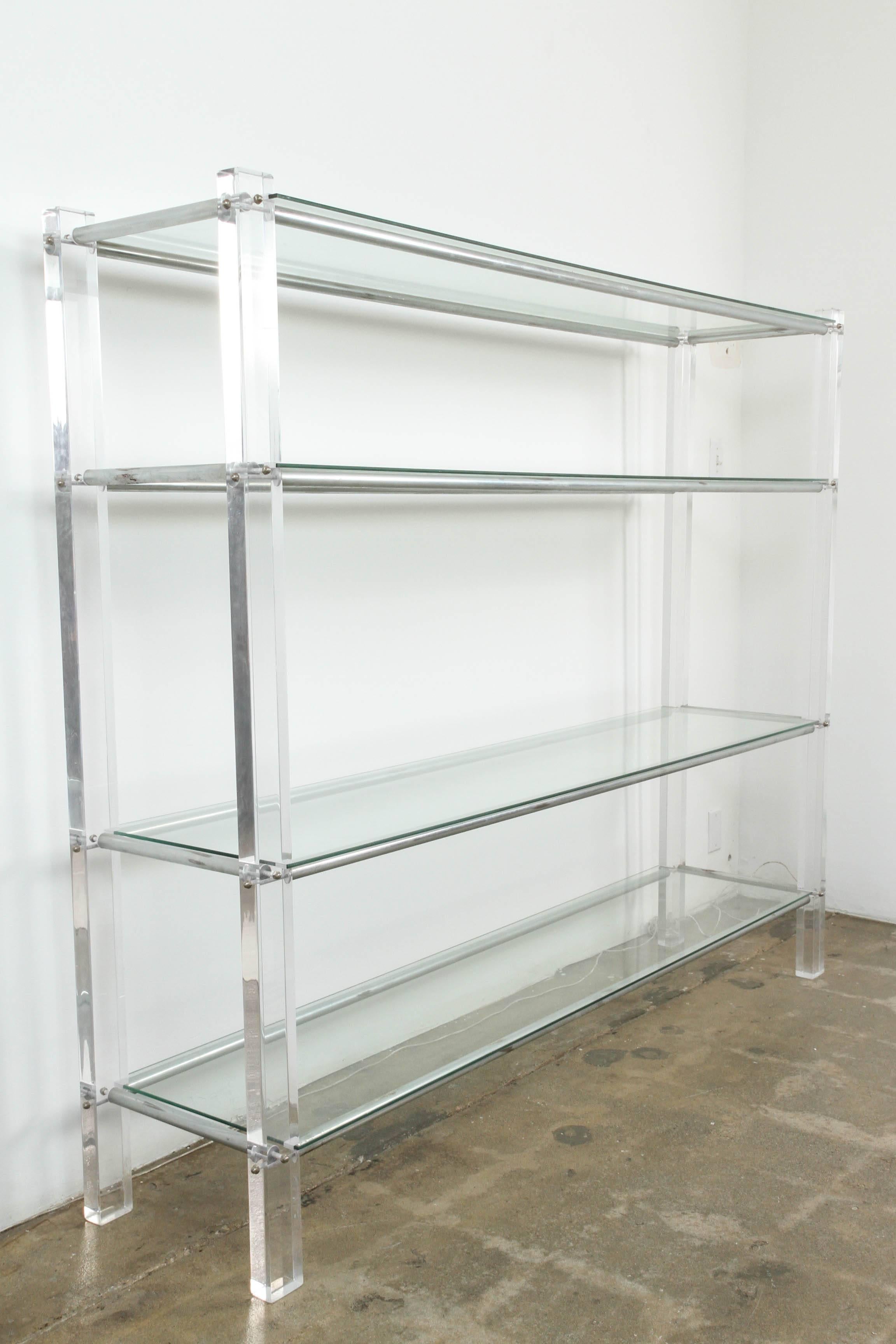 Hollywood Regency Vintage Lucite, Glass and Chrome Bookcase For Sale
