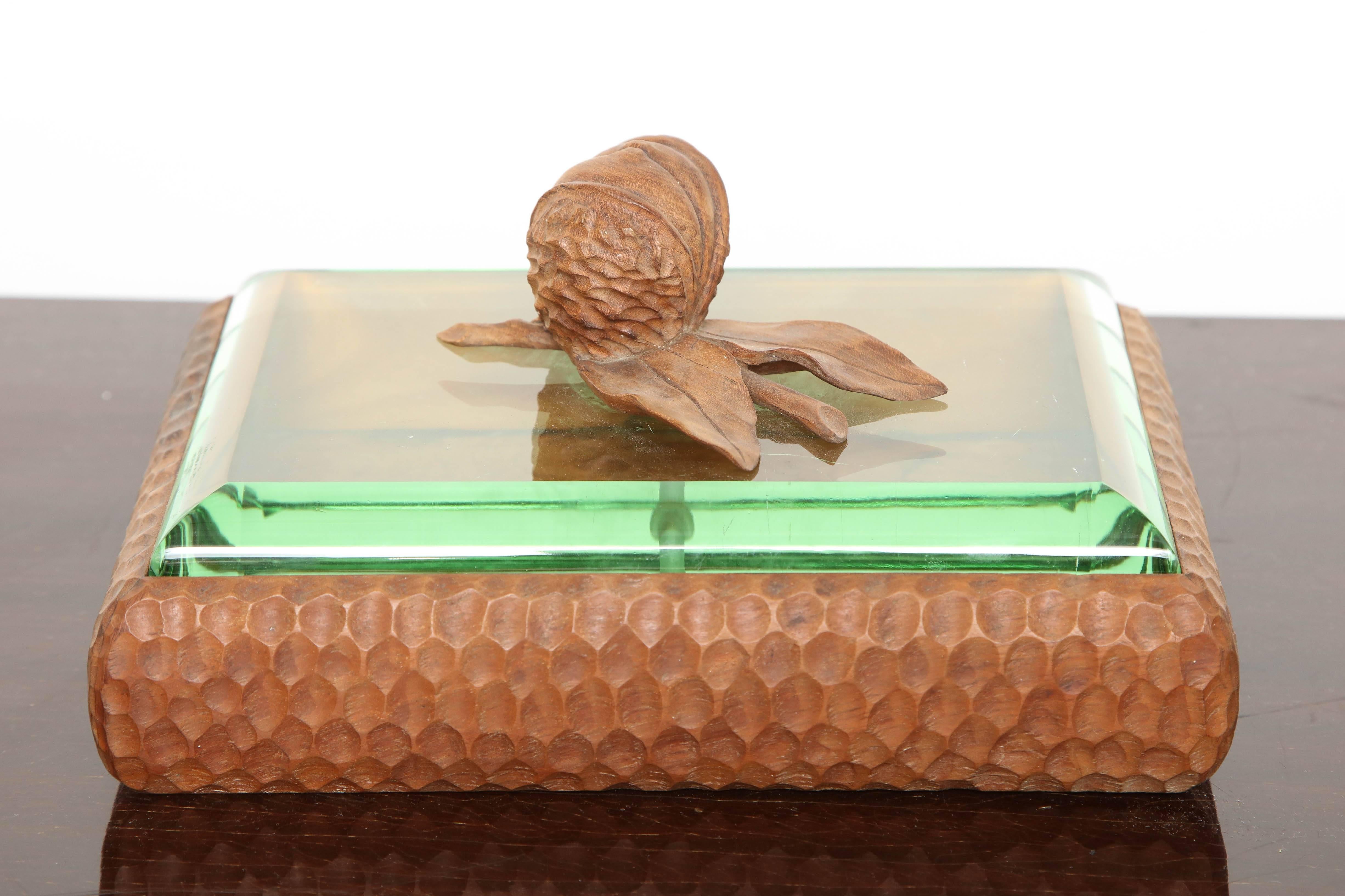 Rare and unusual rounded beveled glass lid, carved wooden box with handle in the form of a walnut.
 