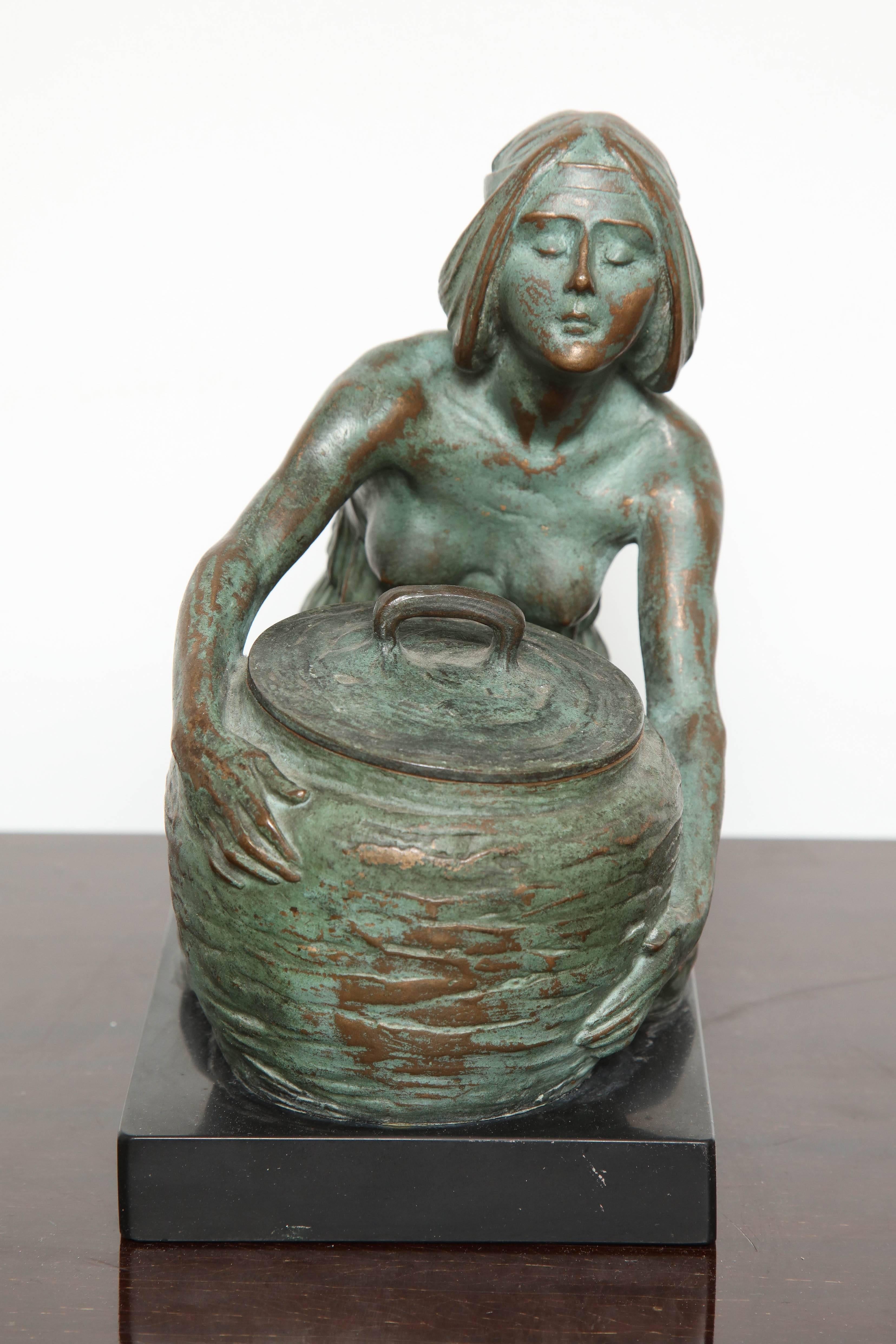 A Gustav Gurschner bronze inkwell. It was made in Austria during the early 20th century. The side of the inkwell is signed Gurschner.

Gustav Gurschner (1873–1970) was an Austrian sculptor active in the decorative arts.

He studied under August