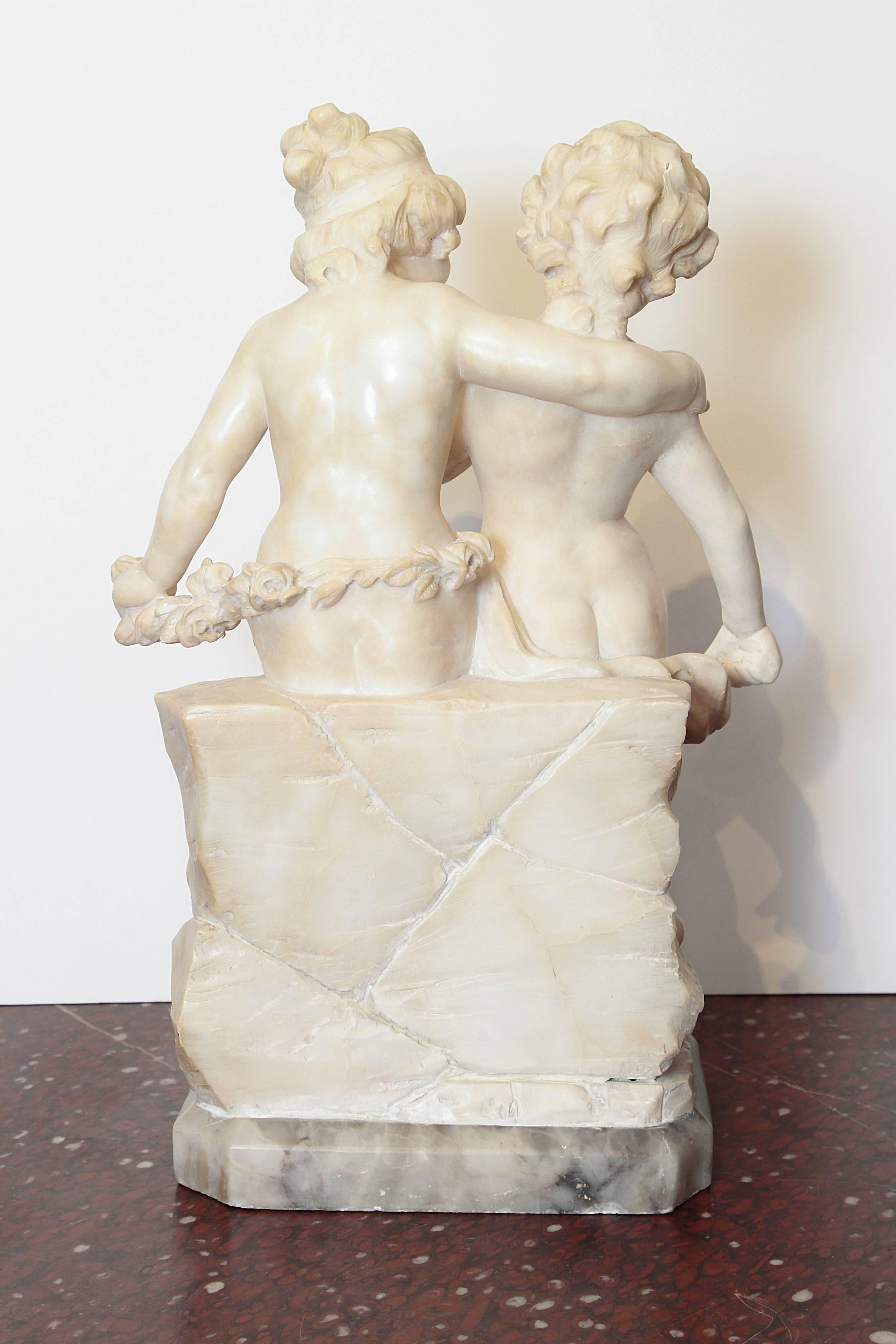 Renaissance 19th Century Italian Marble Sculpture of Two Children Sitting on a Wall