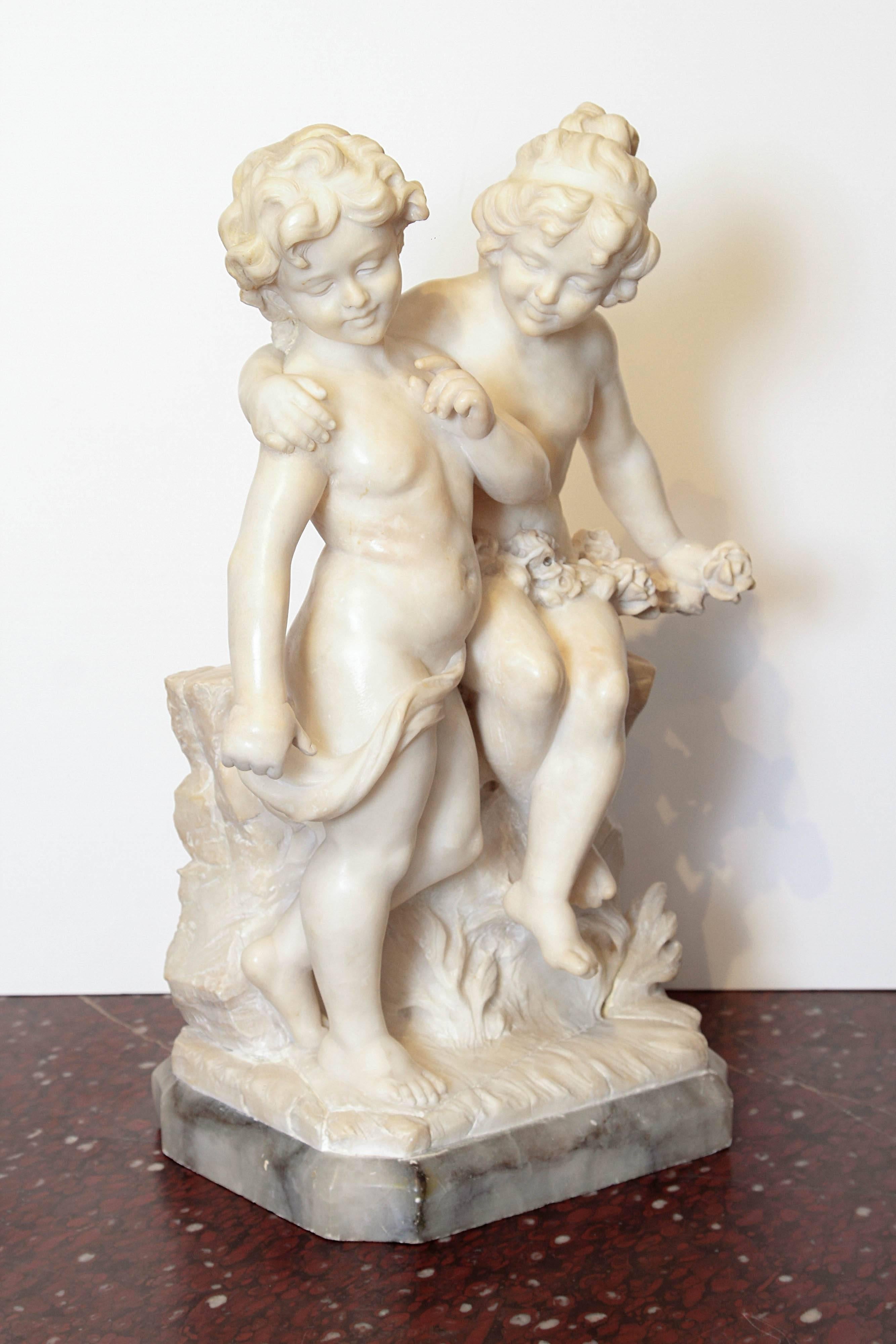 Carrara Marble 19th Century Italian Marble Sculpture of Two Children Sitting on a Wall