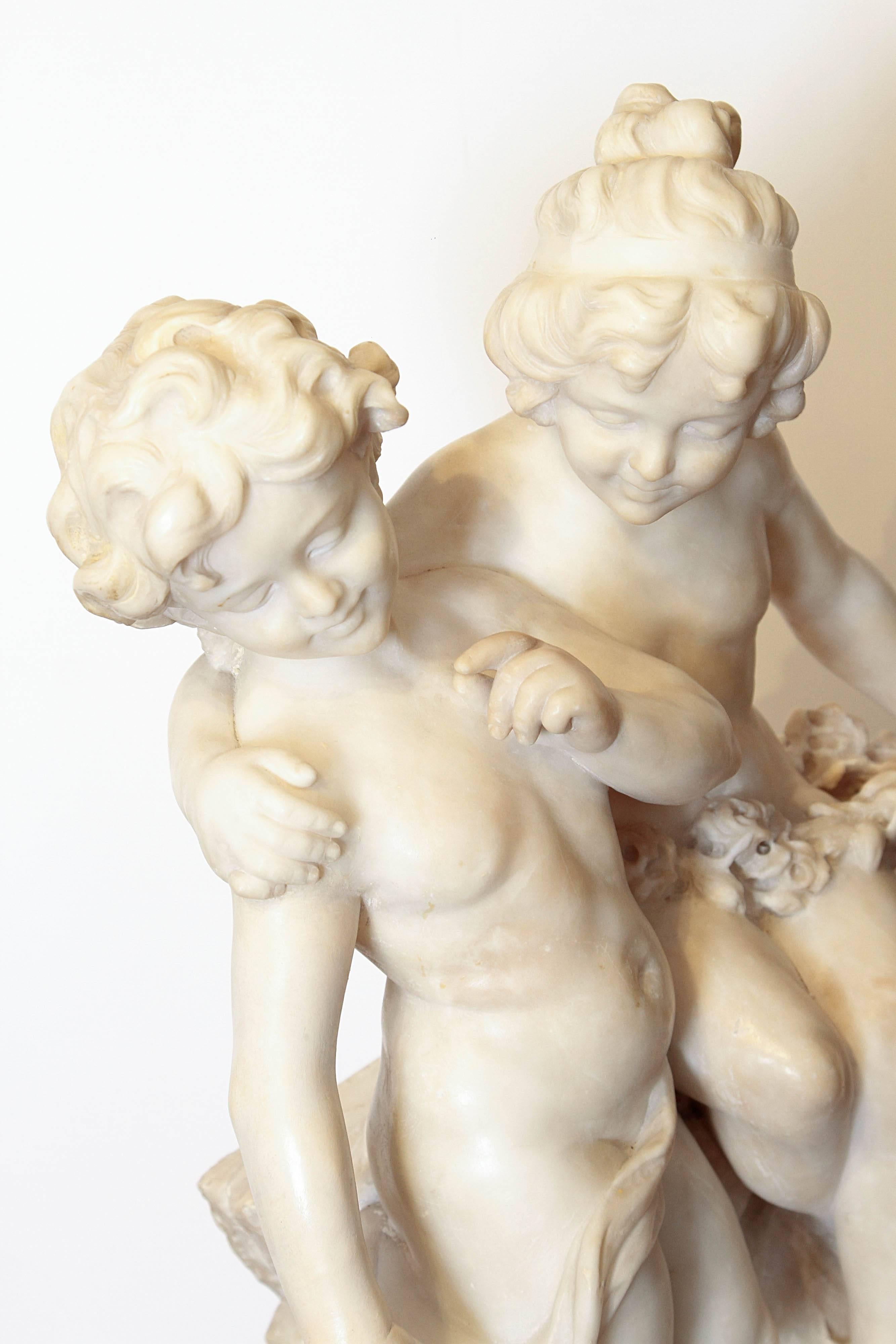 19th Century Italian Marble Sculpture of Two Children Sitting on a Wall 1