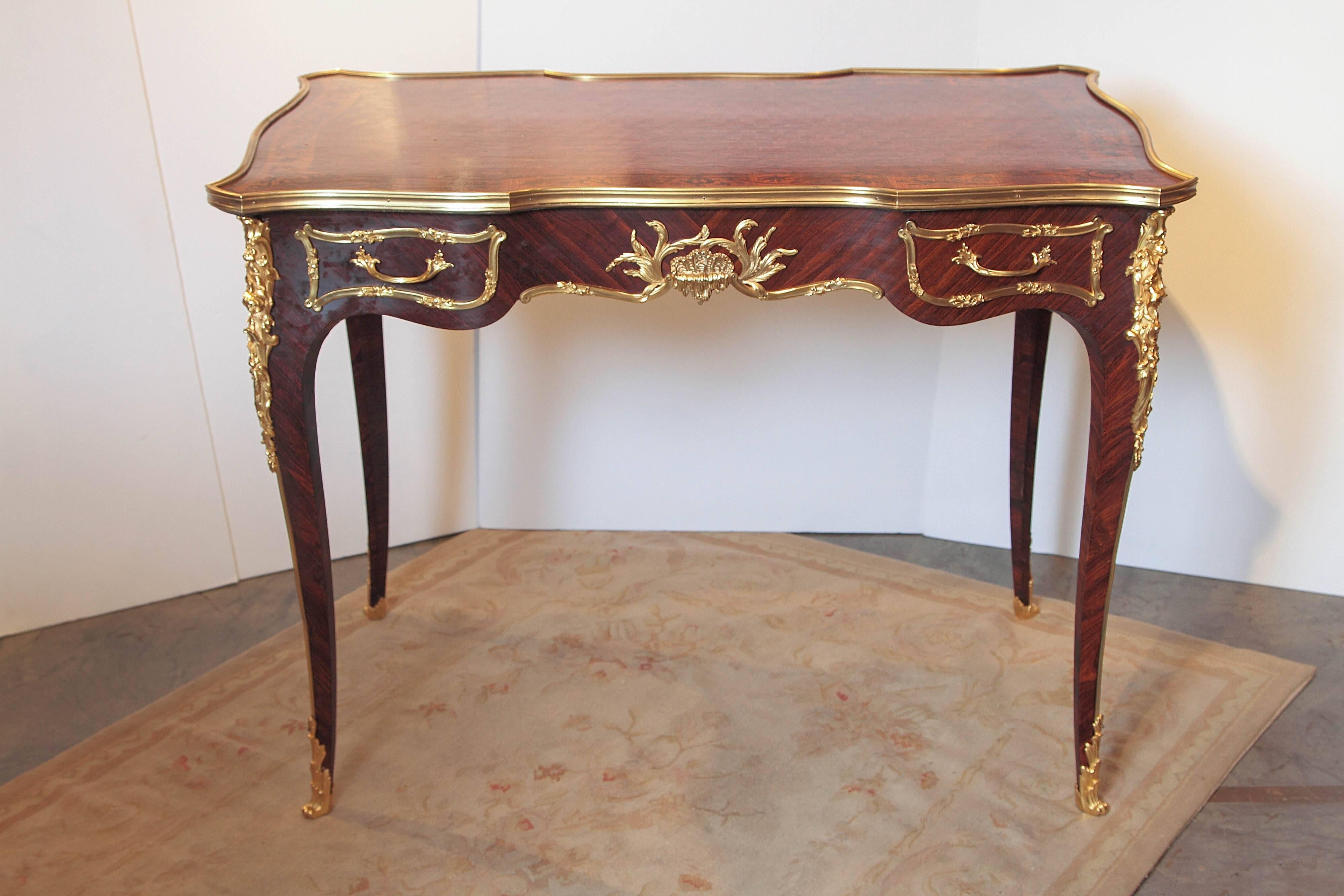 19th century French Louis XV mahogany and parquetry writing desk. Fine gilt bronze mounts signed F Linke.