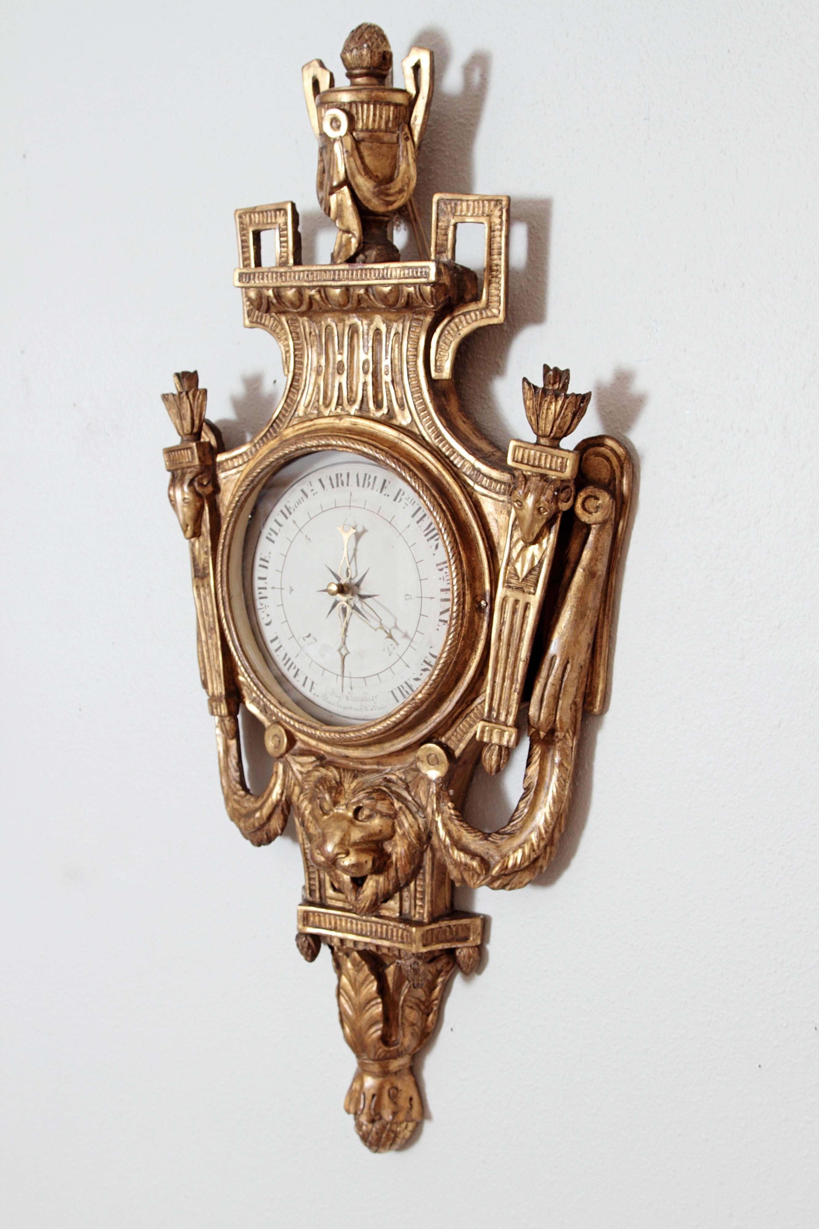 A Louis XVI period carved and giltwood cartel form barometer
Signed “L’Ingénieur Chevallier*, Place du Pont Neuf 15 Paris” on a hand-drawn paper dial in black ink.
France, circa 1780

The Engineer-Optician House of Chevallier (with two LLs) was