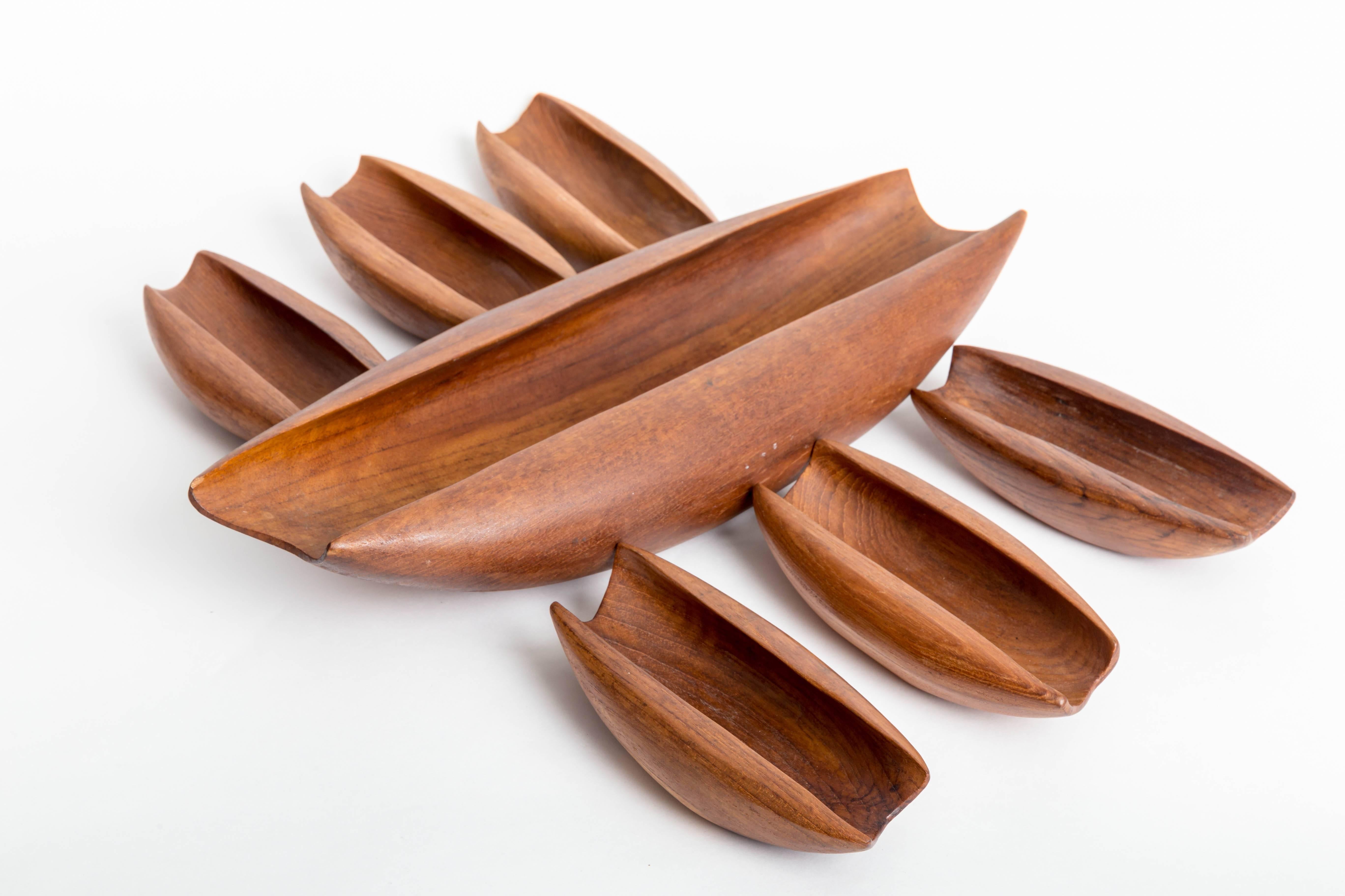 Mid-Century Modern Seven Pieces Solid Teak Vessels Carved from Single Pieces of Wood