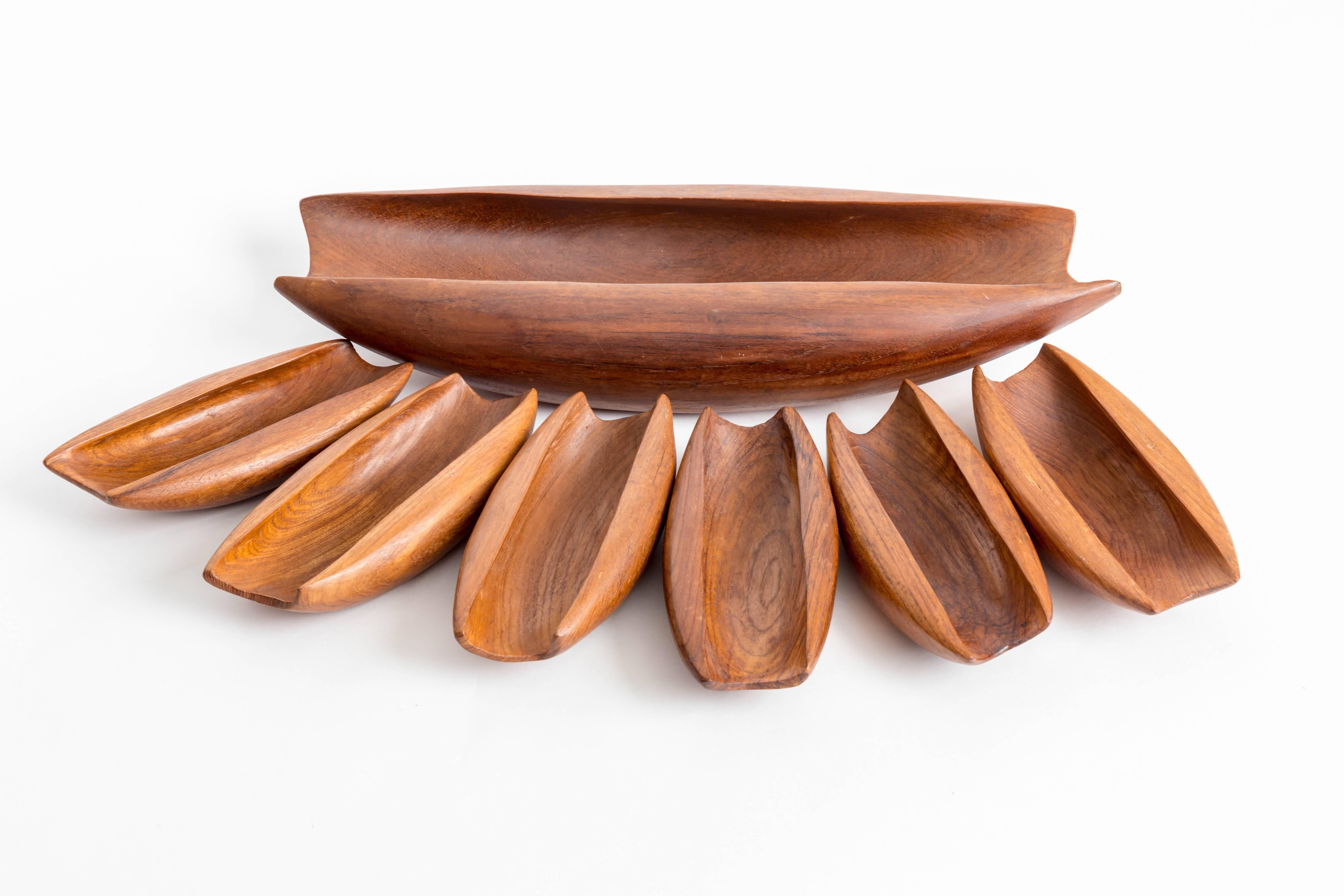 Seven Pieces Solid Teak Vessels Carved from Single Pieces of Wood 3