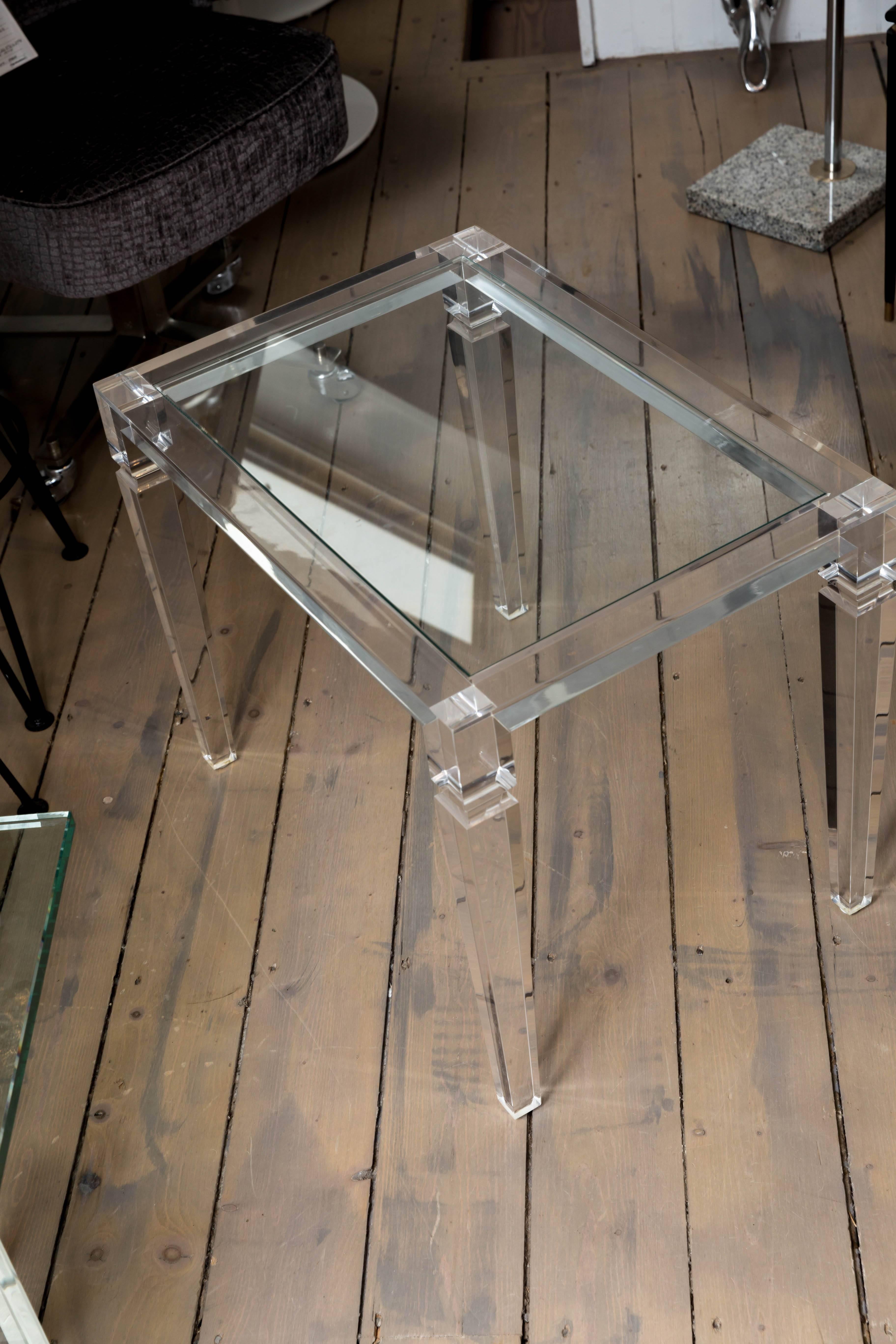 Modern Rectangular Lucite Glass Top Side Table with Tapered Legs