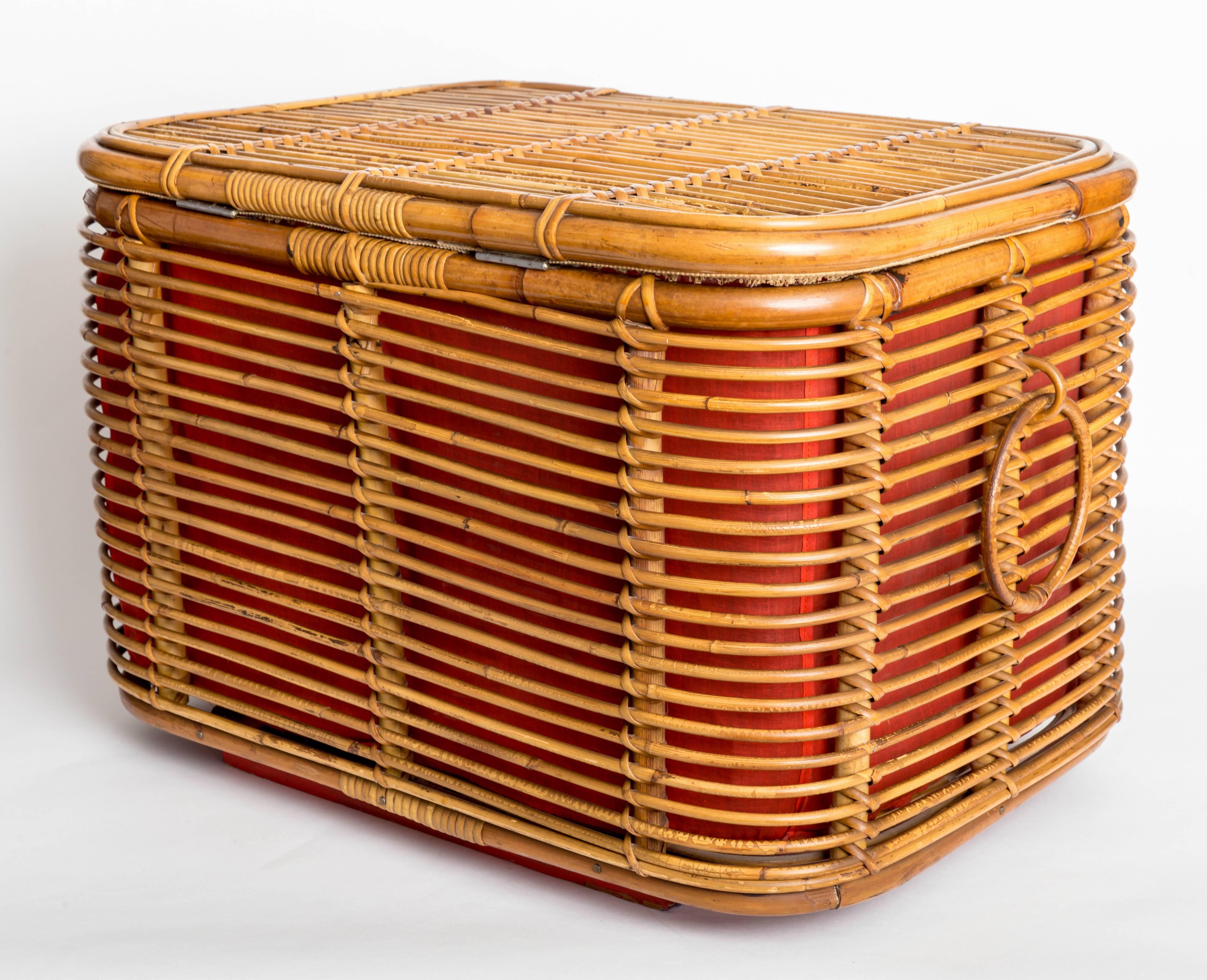 Mid-Century Modern Rattan Ottoman or Storage Chest with Fabric Lining