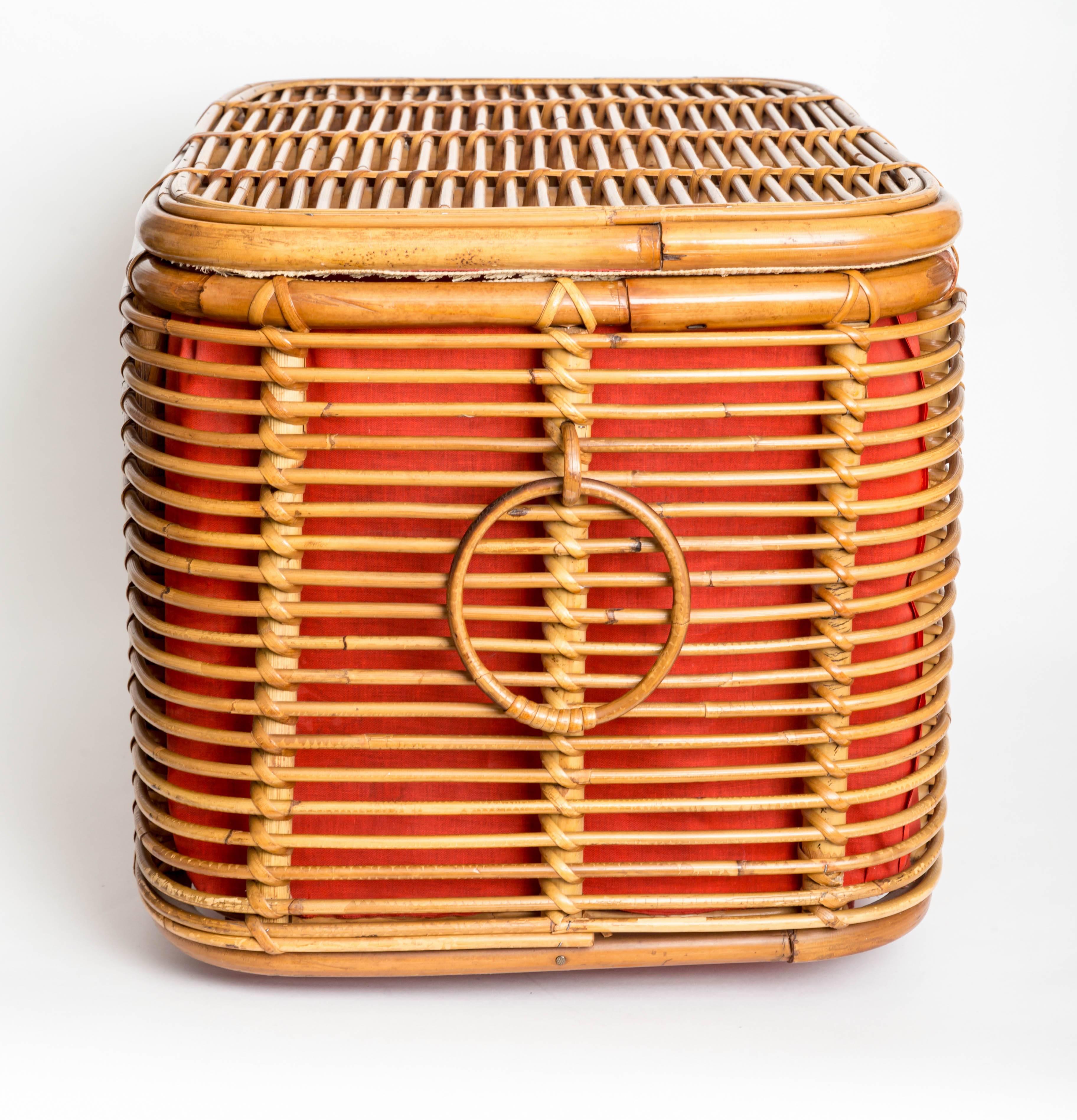 Hand-Woven Rattan Ottoman or Storage Chest with Fabric Lining