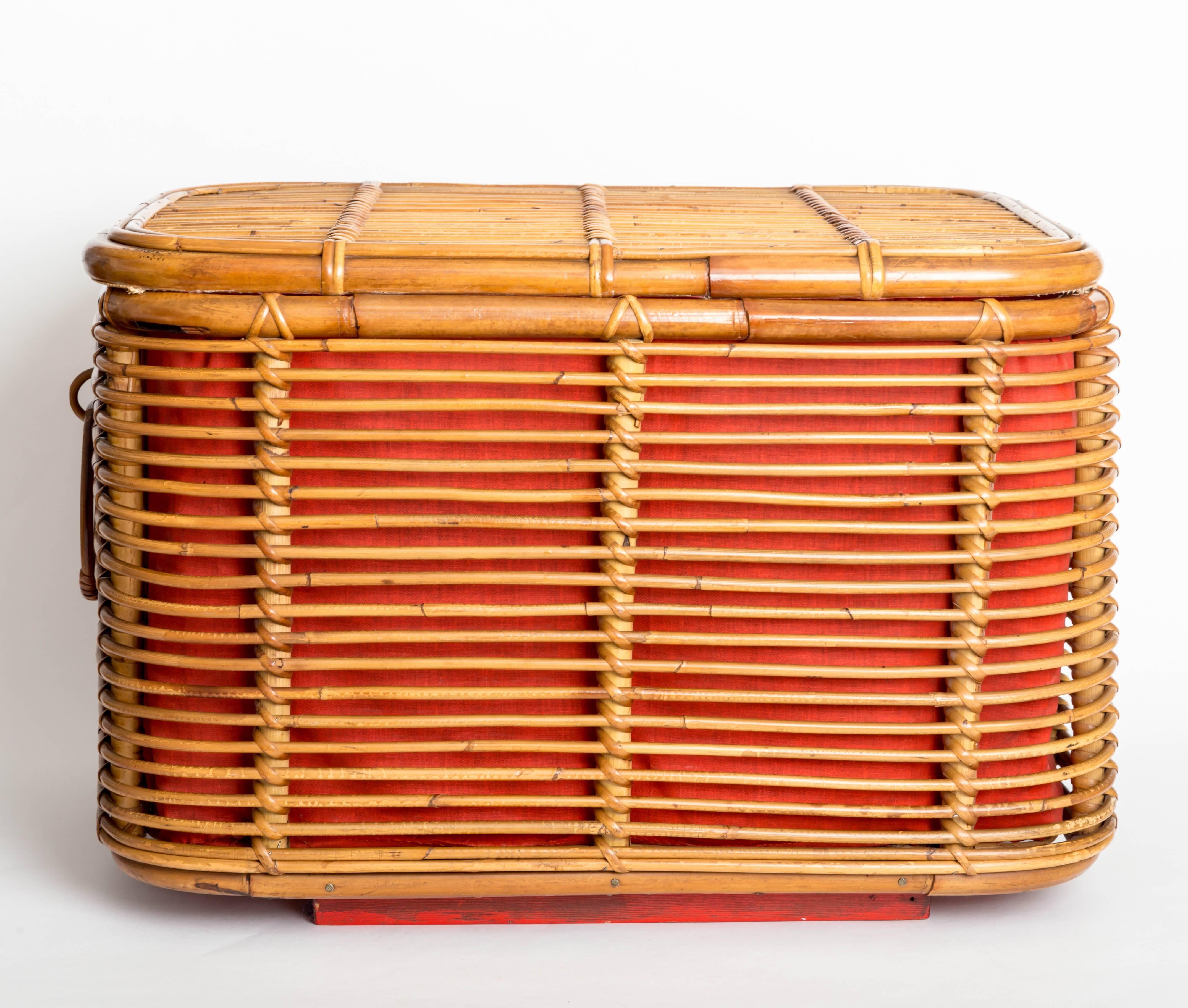 20th Century Rattan Ottoman or Storage Chest with Fabric Lining