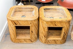 Pair of Rattan Side Cabinets with Glass Tops and Bottom Shelves