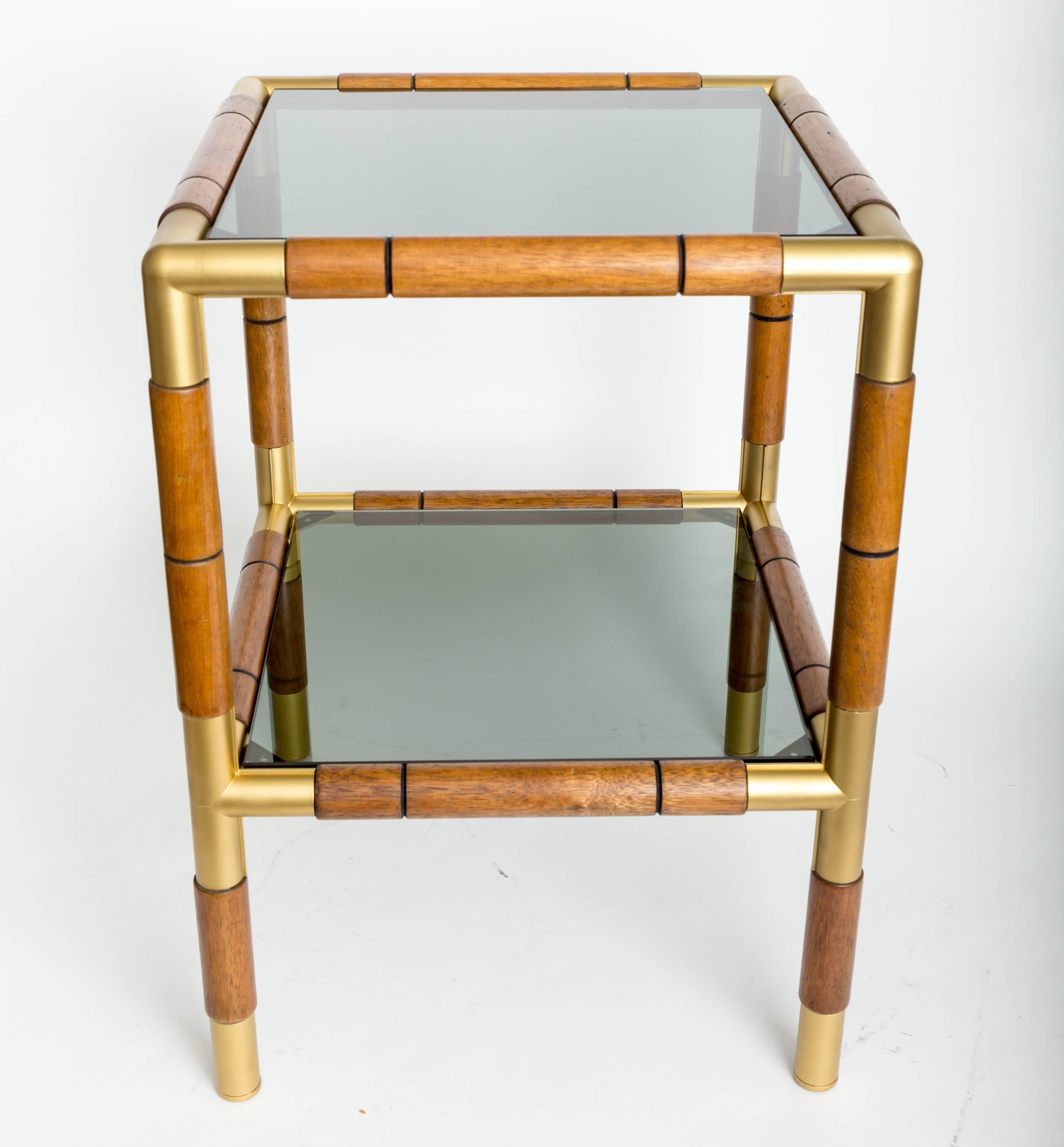Pair of Wood, Metal and Tinted Glass Side Tables with Two Shelves In Excellent Condition In Bridgehampton, NY