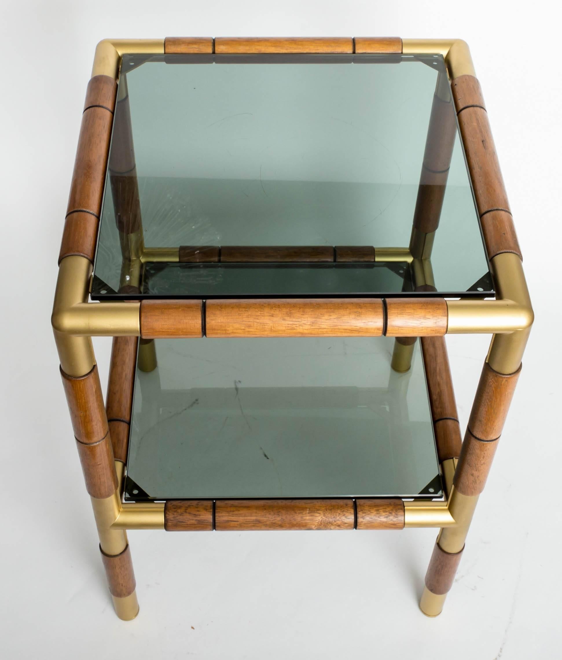 Pair of Wood, Metal and Tinted Glass Side Tables with Two Shelves 3