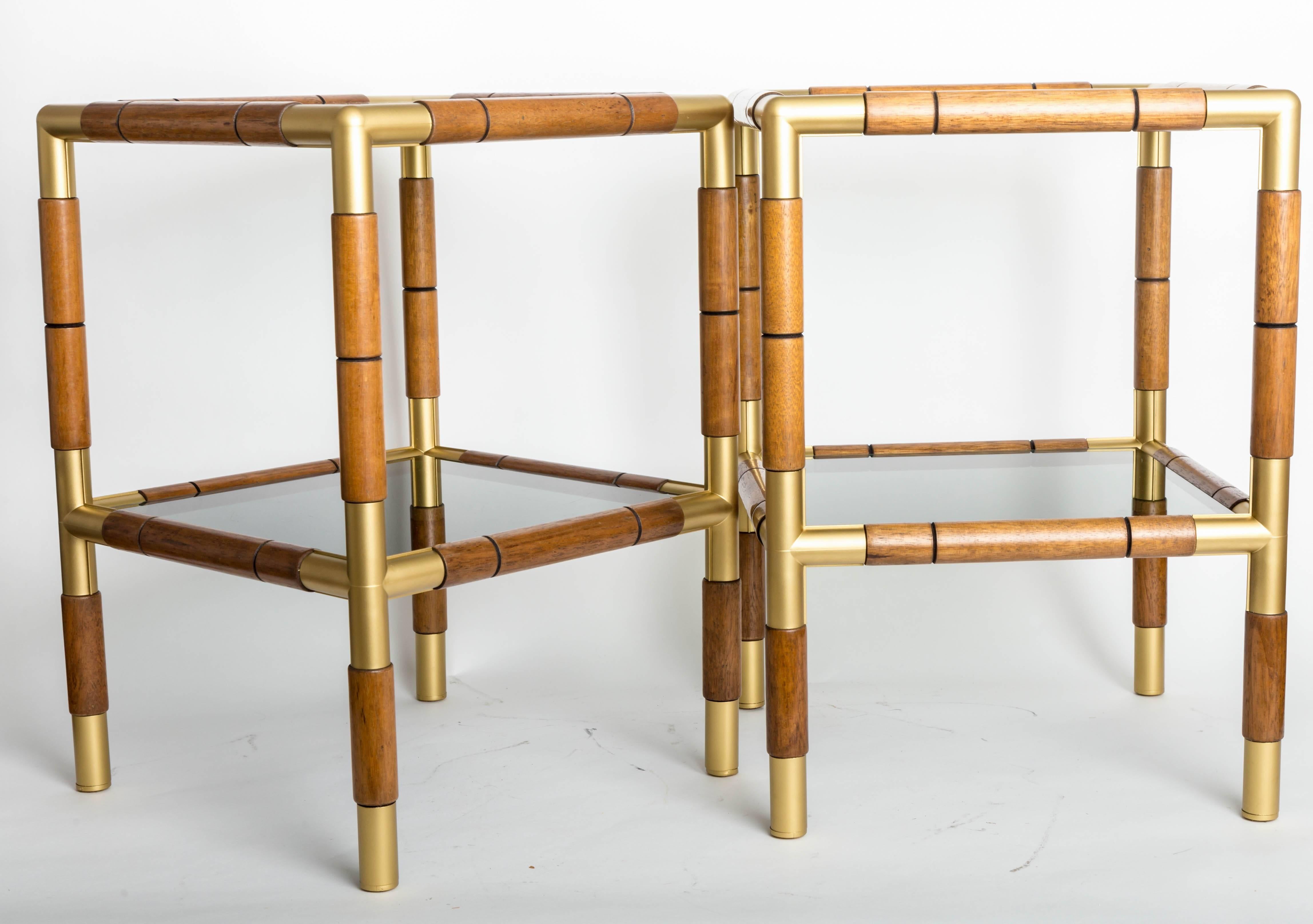 Italian Pair of Wood, Metal and Tinted Glass Side Tables with Two Shelves