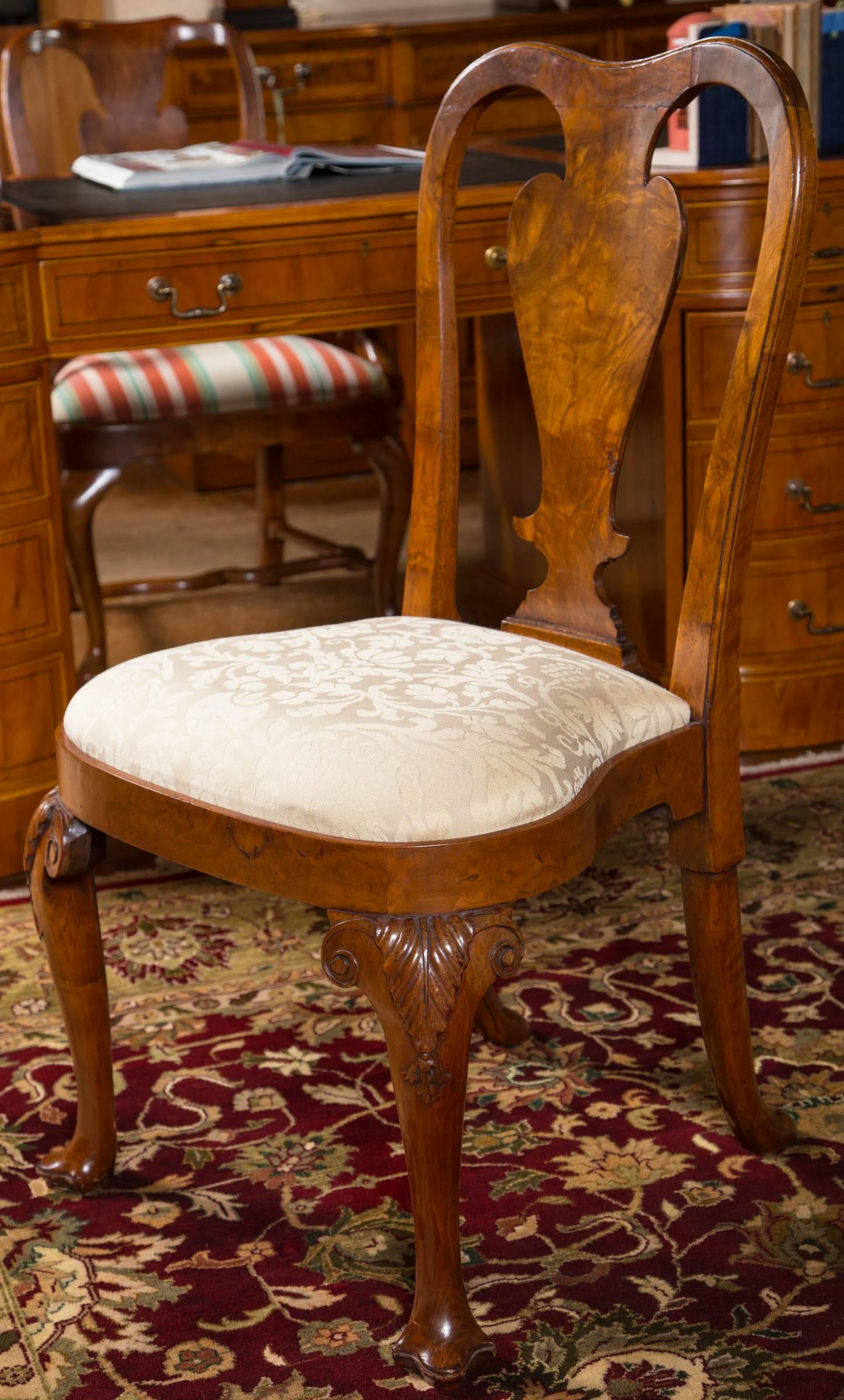 British Rare Set of Six George II Figured Walnut Dining Chairs