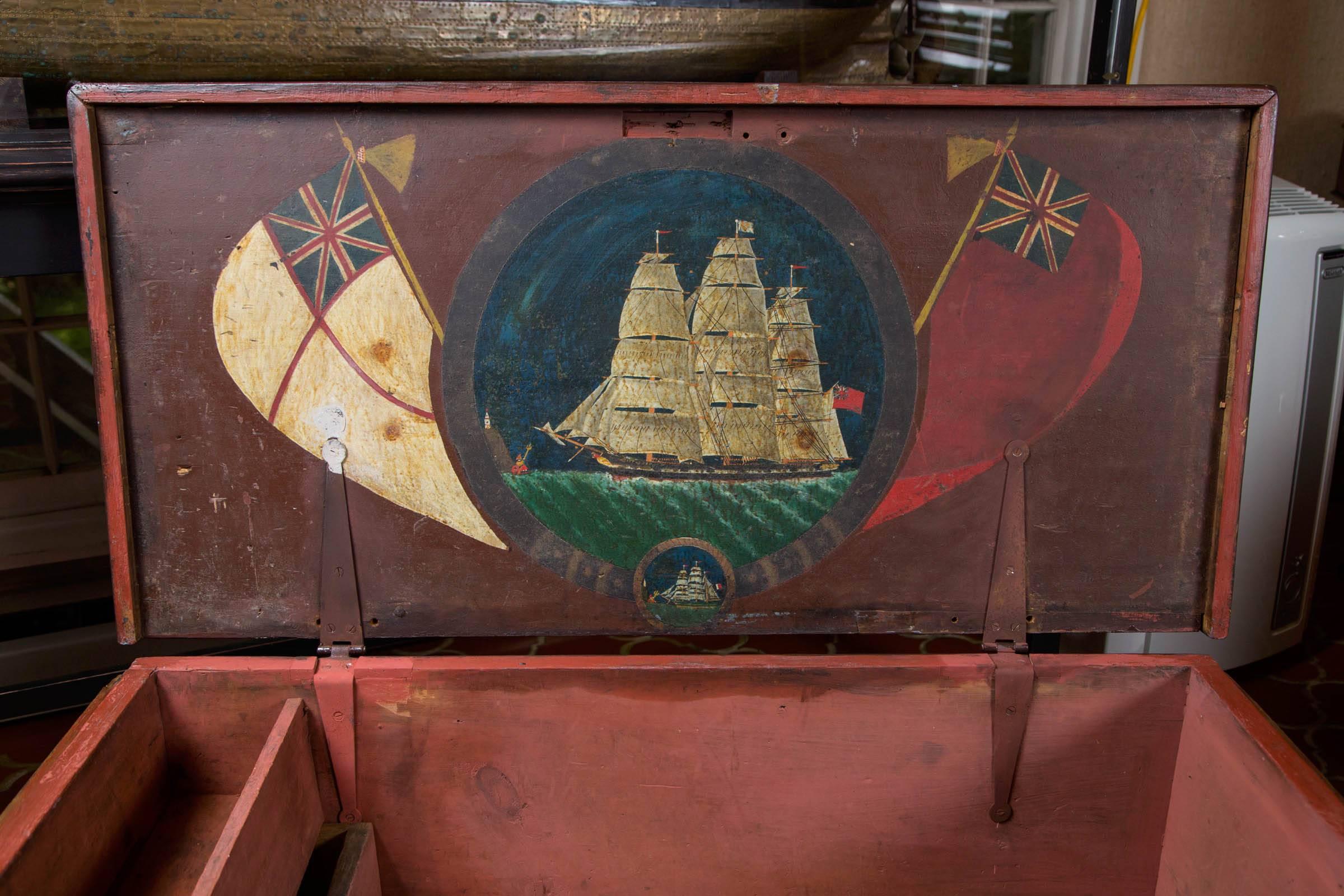 19th century Welsh seaman's painted sea chest.  When men went off to sea these chests contained all their worldly belongings that they would need for the coming years at sea.  Each chest is unique in its decoration.  A seaman would demonstrate his