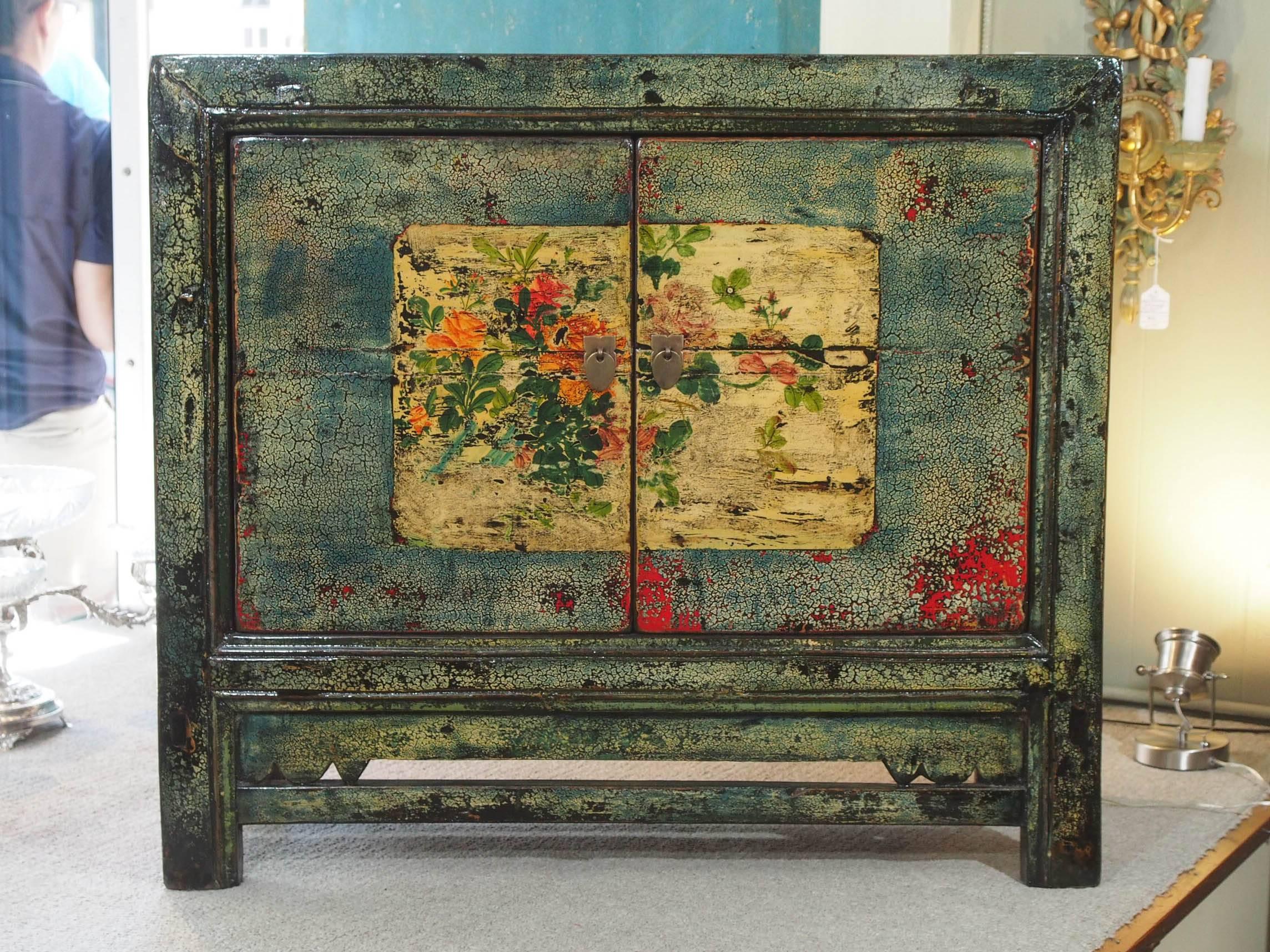 Antique Chinese two-door blue/green lacquer cabinet, circa 1915.