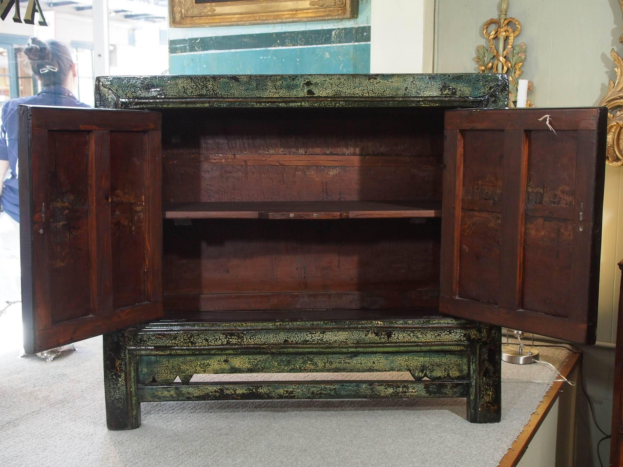 Early 20th Century Antique Chinese Two-Door Blue/Green Lacquer Cabinet, circa 1915