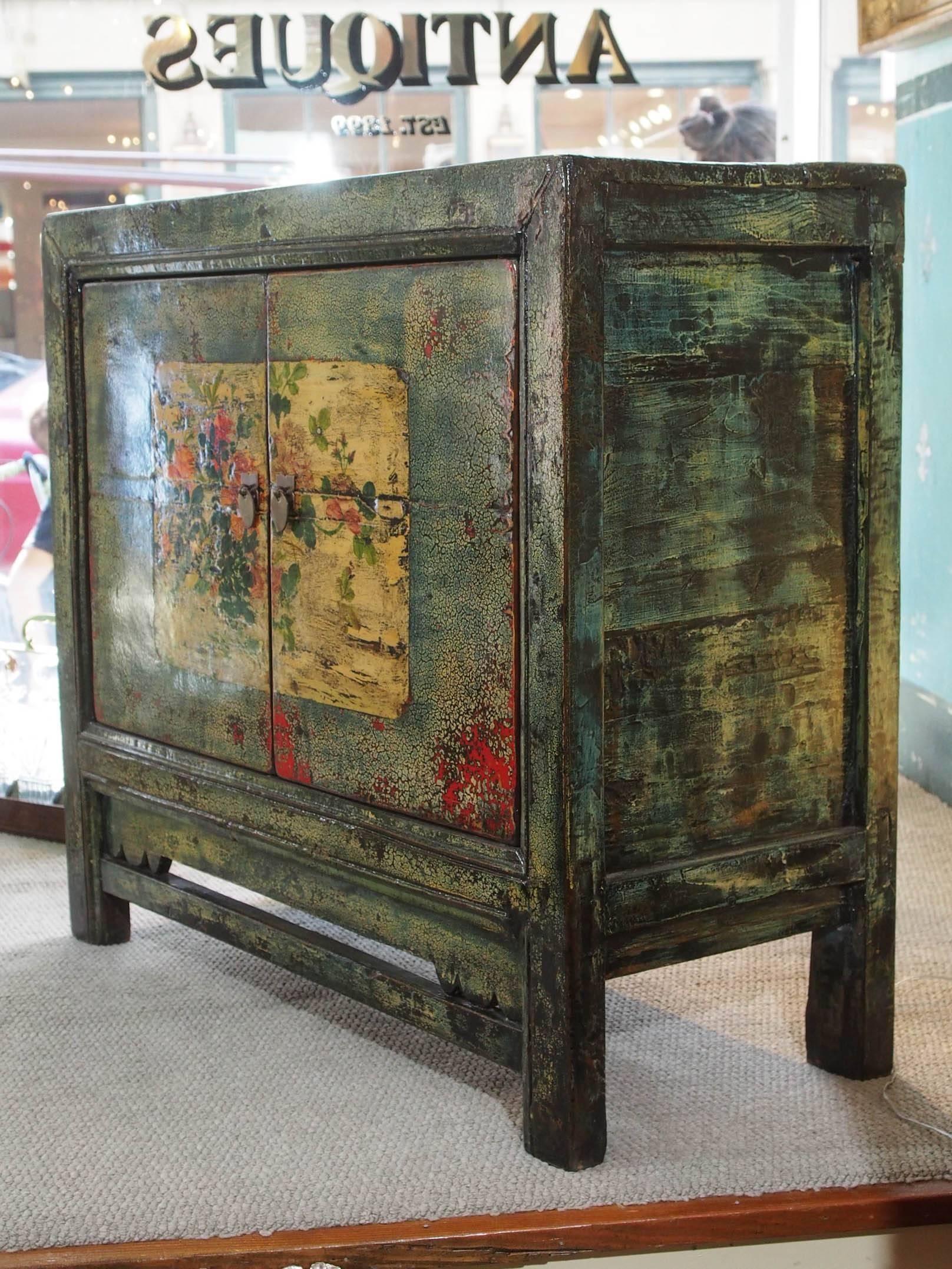 Antique Chinese Two-Door Blue/Green Lacquer Cabinet, circa 1915 3