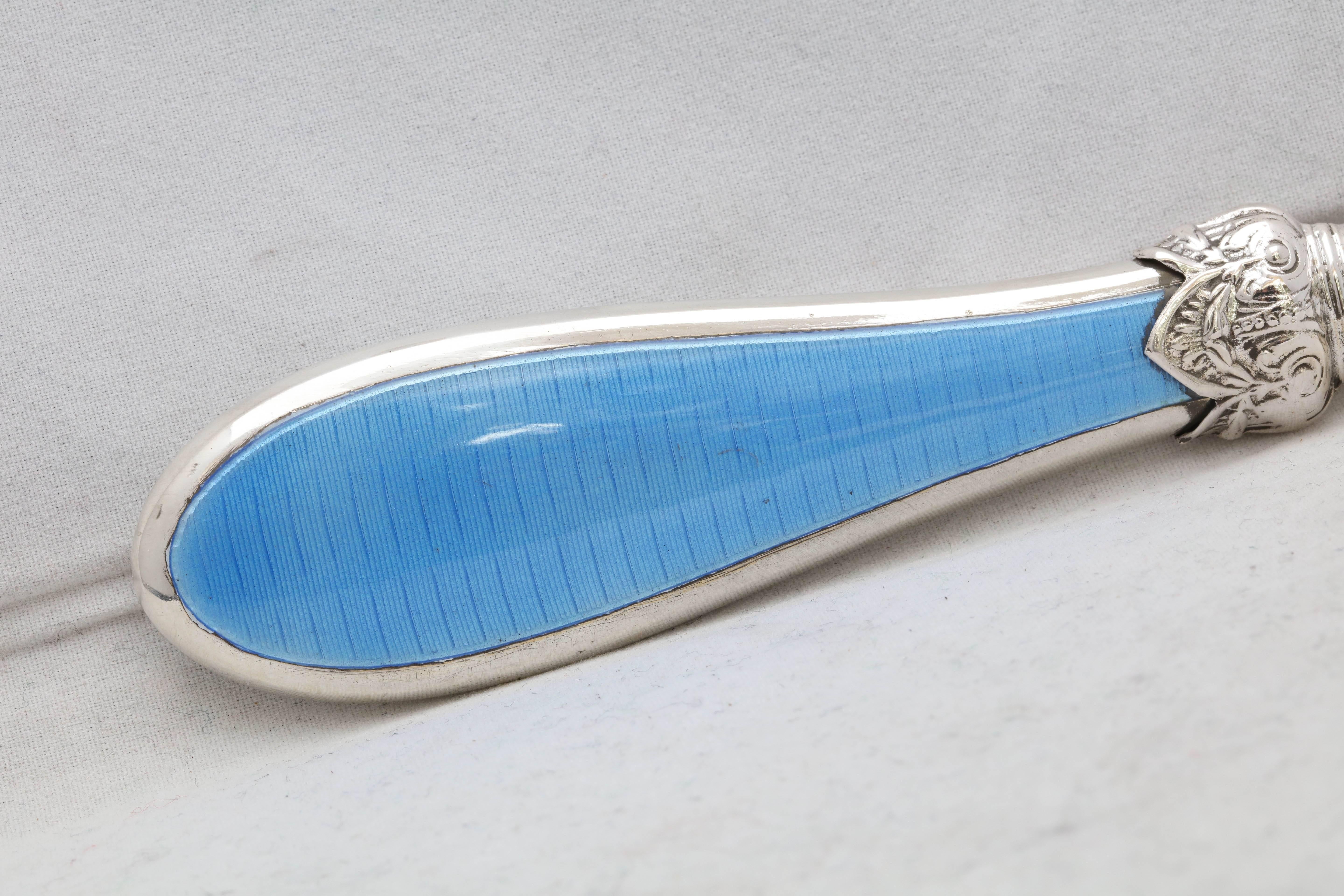 Victorian, sterling silver and blue guilloche enamel letter opener paper knife, Birmingham, England, 1857, Joseph Gloster maker. Blade is decorated with etched sea creatures. Guilloche enamel is a lovely shade of blue. @8 1/2 inches long x @ 1 1/4