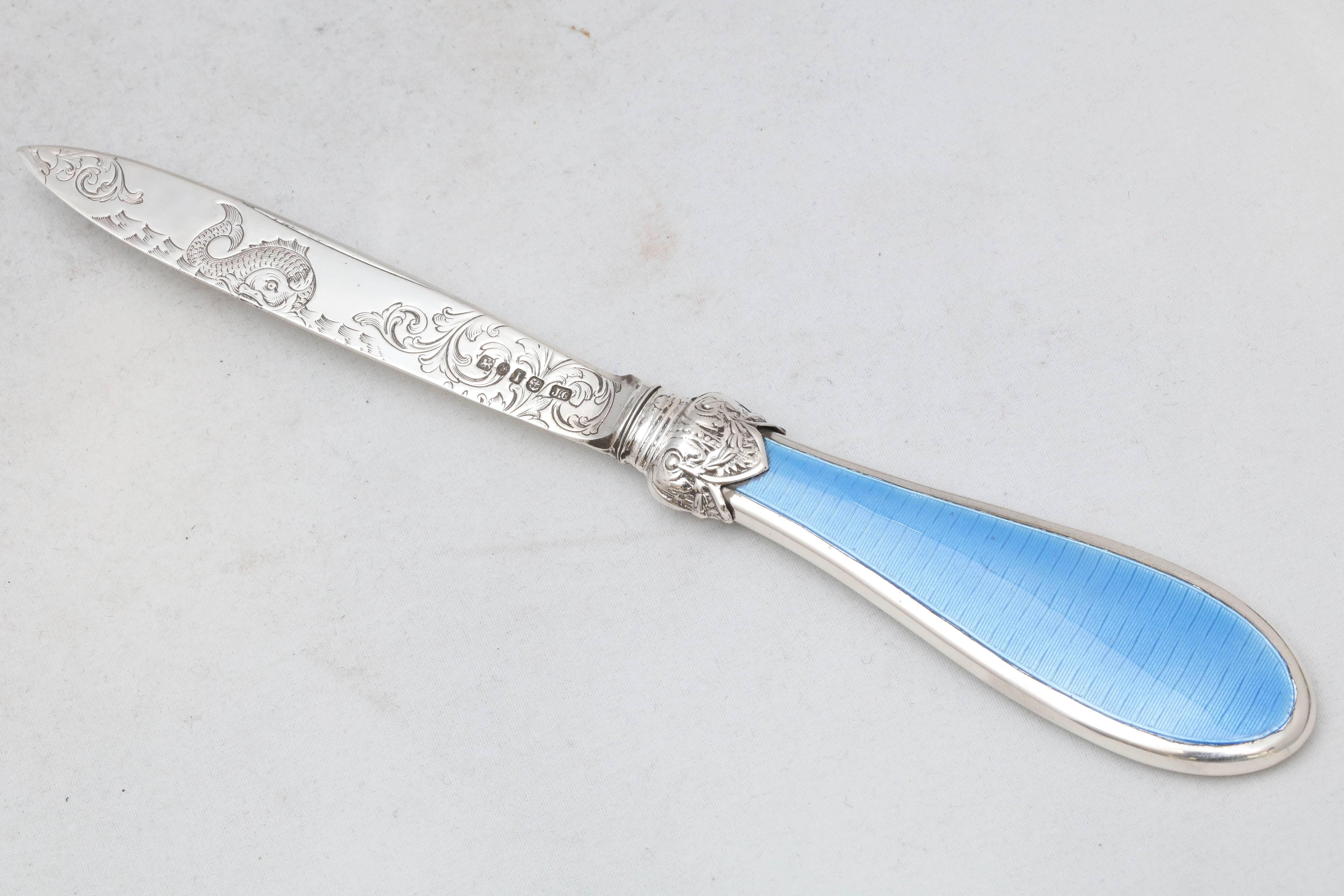English Victorian Sterling Silver and Blue Guilloche Enamel Letter Opener Paper Knife