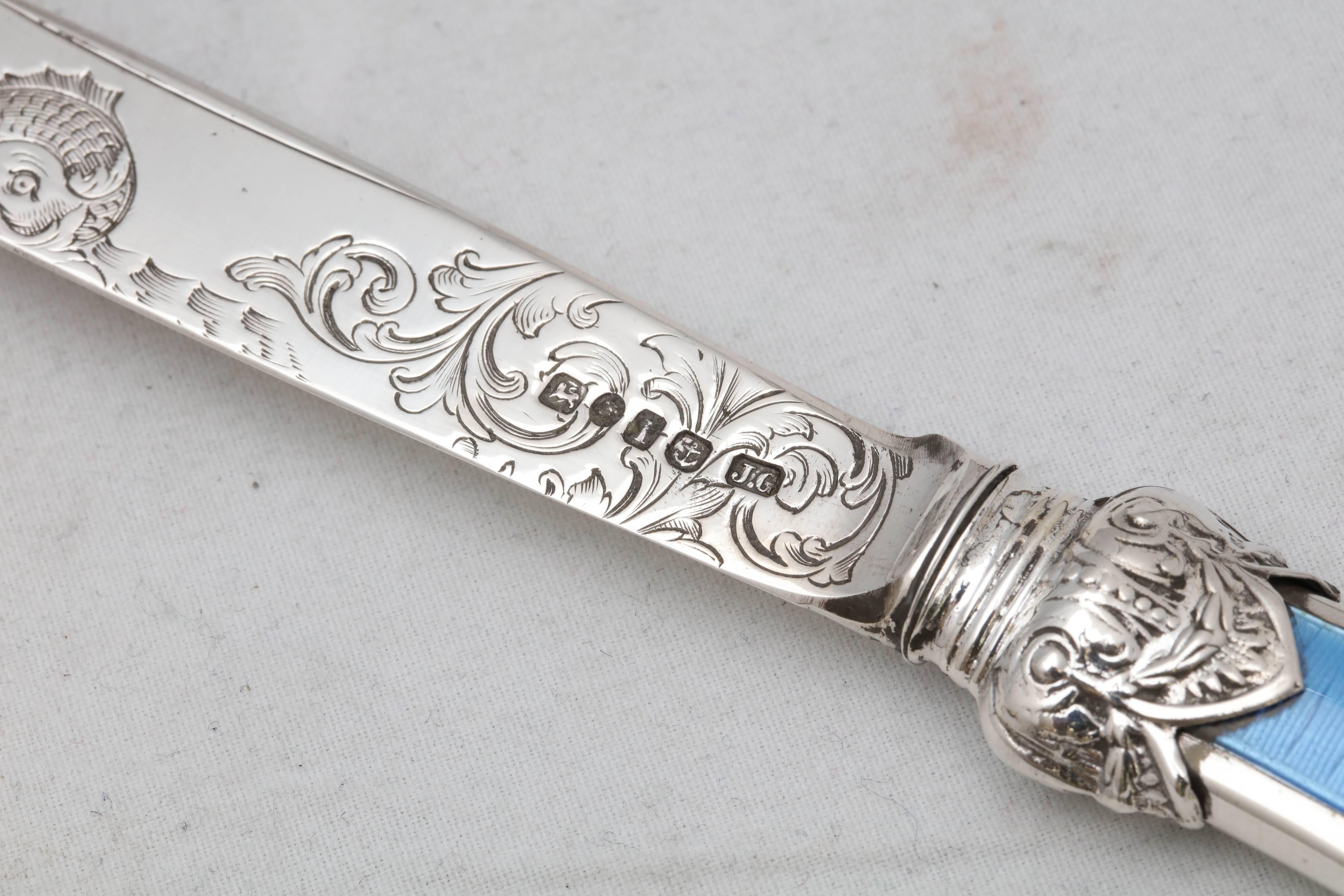 Victorian Sterling Silver and Blue Guilloche Enamel Letter Opener Paper Knife In Excellent Condition In New York, NY
