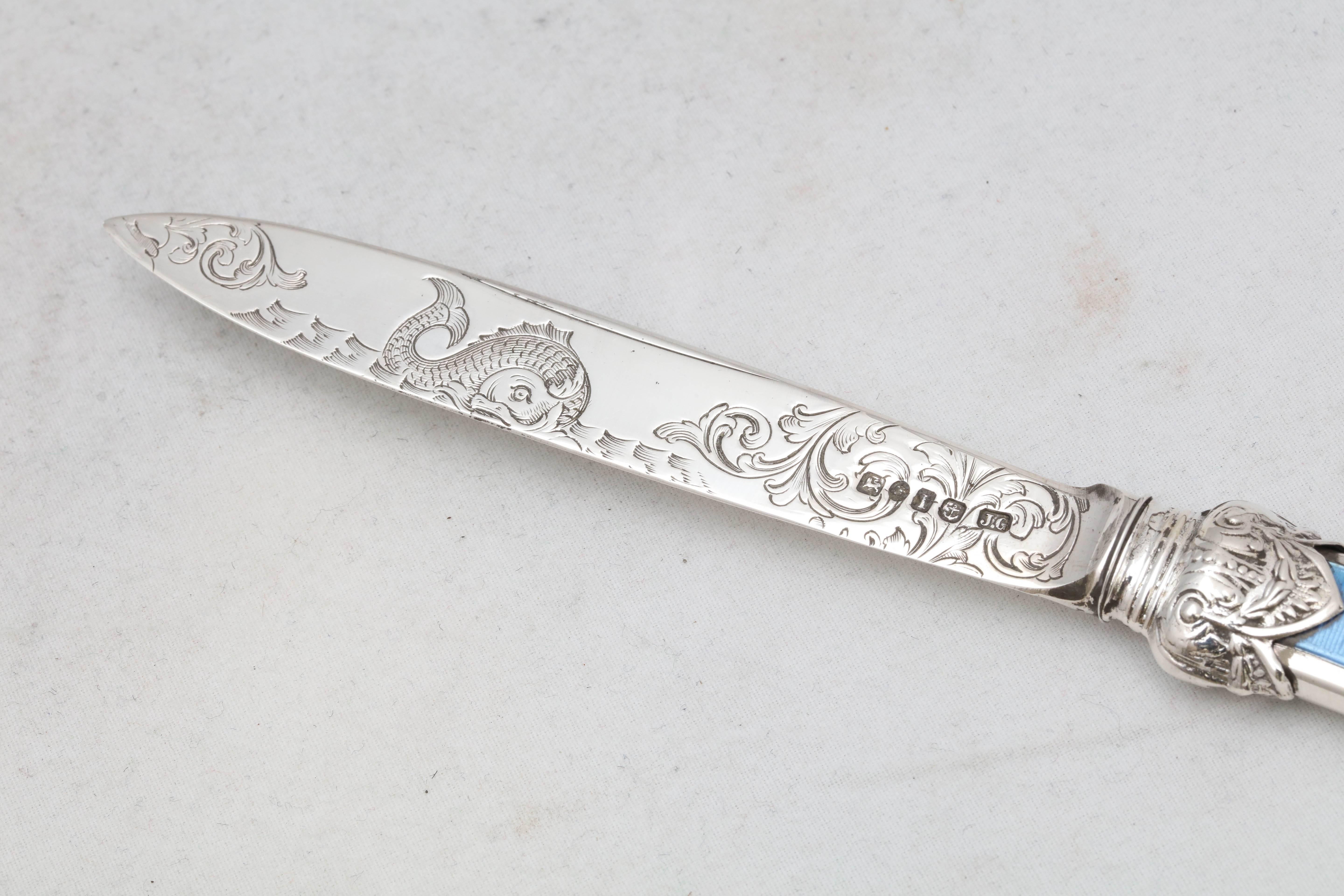 Mid-19th Century Victorian Sterling Silver and Blue Guilloche Enamel Letter Opener Paper Knife