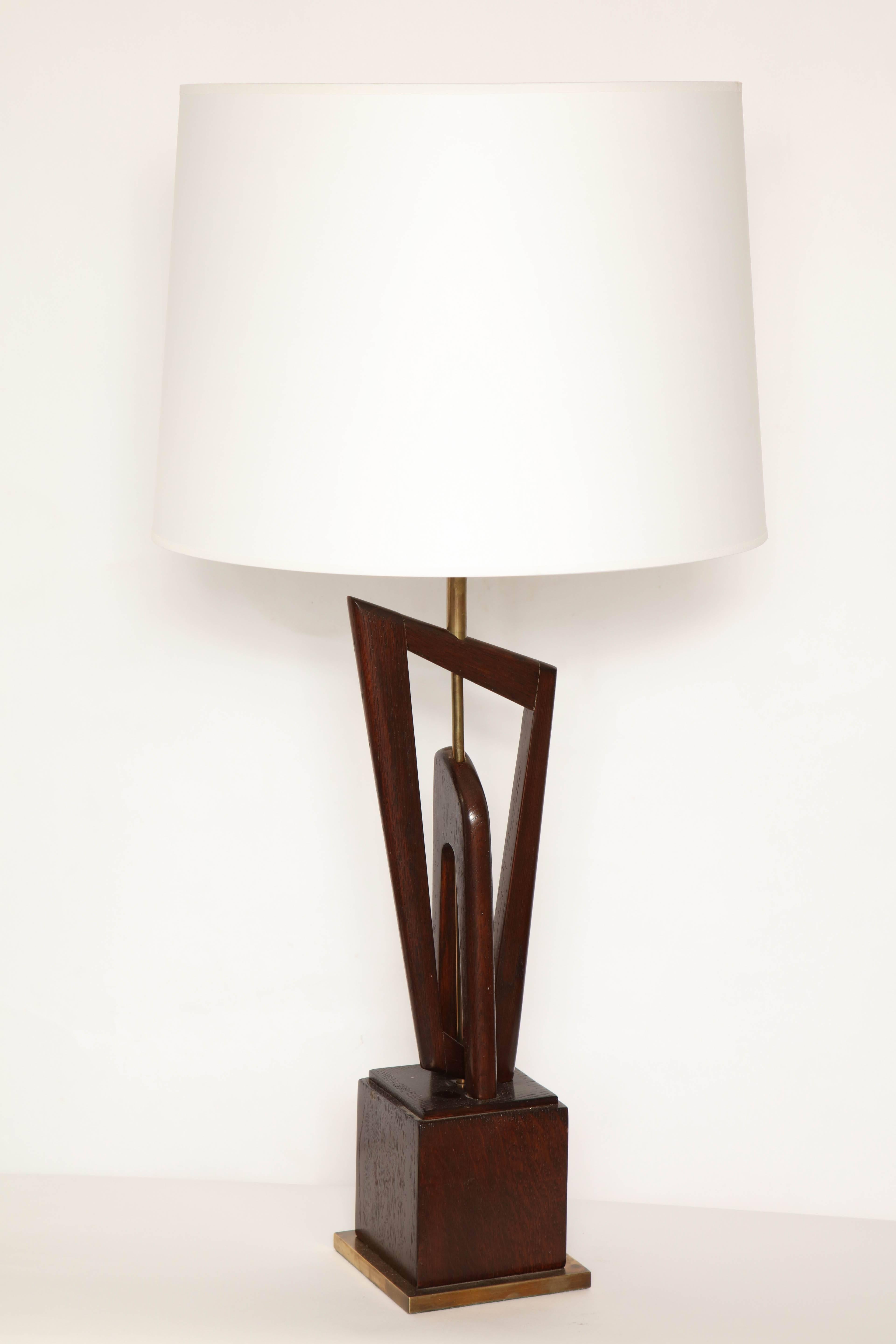 Mid-Century Modern Pair of Mid-Century, 1950s Sculptural Wood and Brass Table Lamps