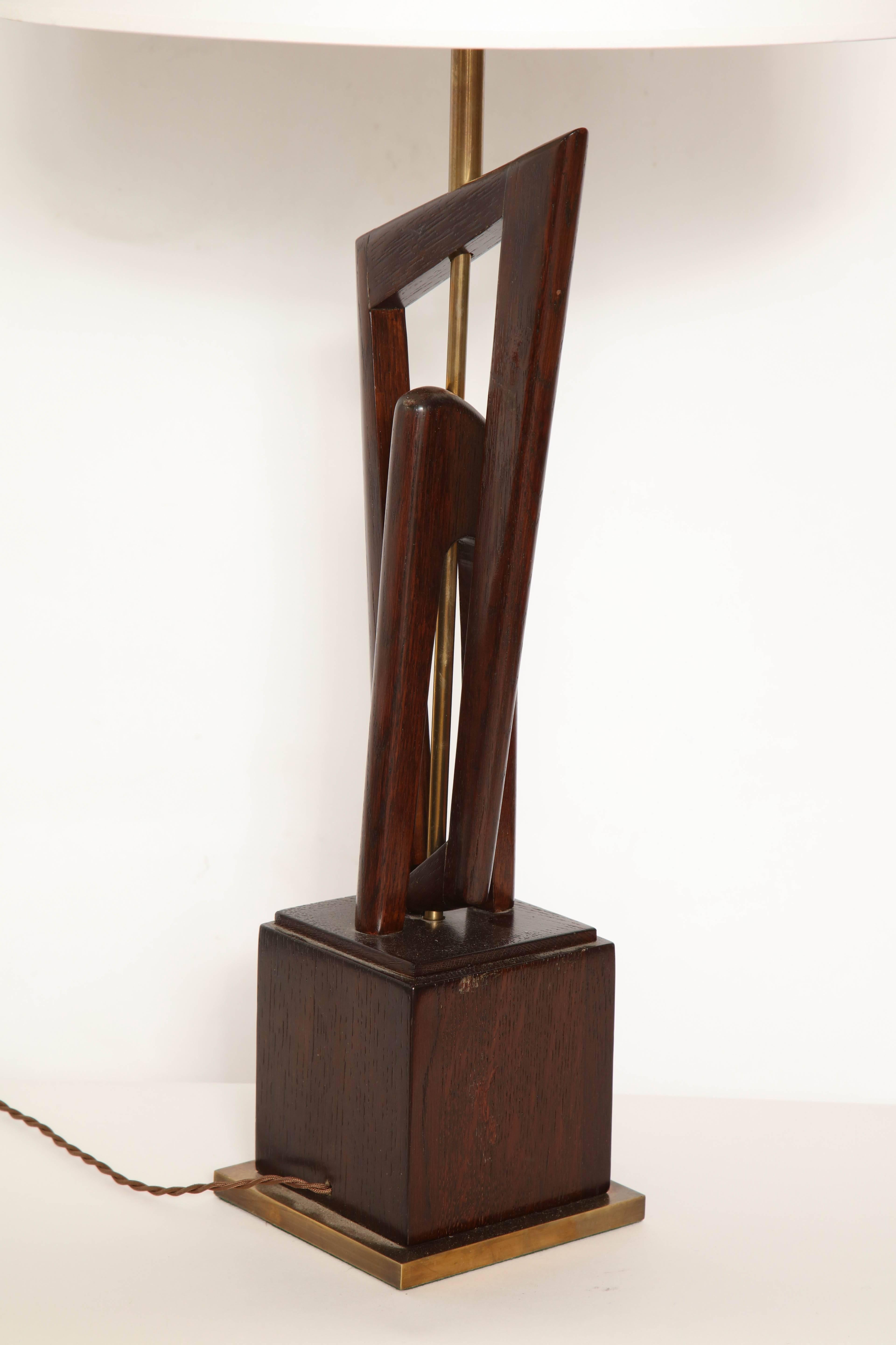 Mid-20th Century Pair of Mid-Century, 1950s Sculptural Wood and Brass Table Lamps